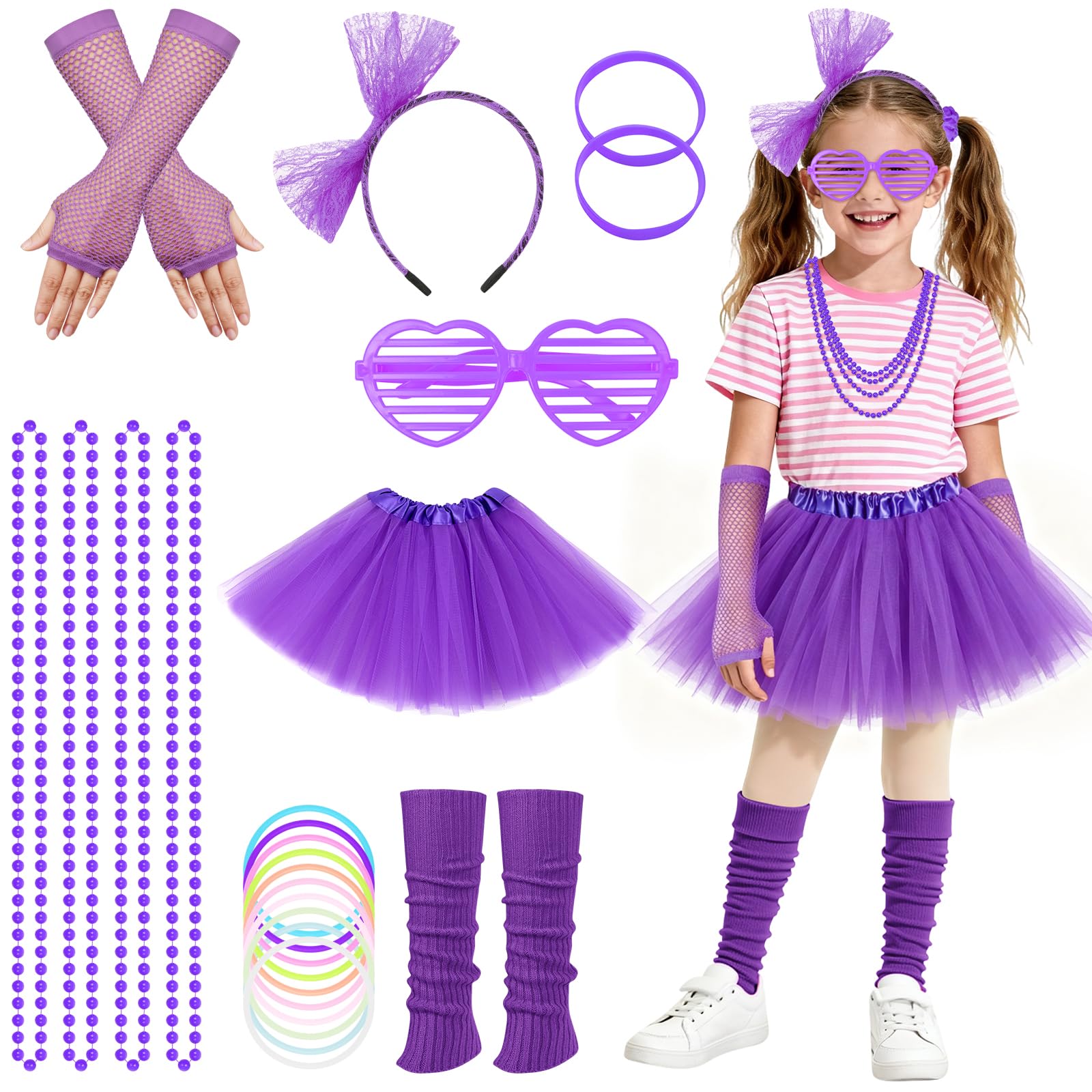 BSBUY 80s Fancy Dress Costume for Kids 21 Pcs 1980s Neon Costume Fancy Dress Outfit Dress Up with Tutu Skirt Fishnet Gloves Leg Warmers Glasses Bracelets Necklaces Headband Anklets Wristbands(Purple)