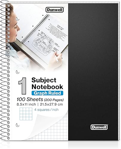 Dunwell Cuaderno de papel cuadriculado, cubierta de plástico negro, 100 hojas de 8.5 x 11 pulgadas, cuaderno de cuadrícula cuadrada de 14 pulgadas,