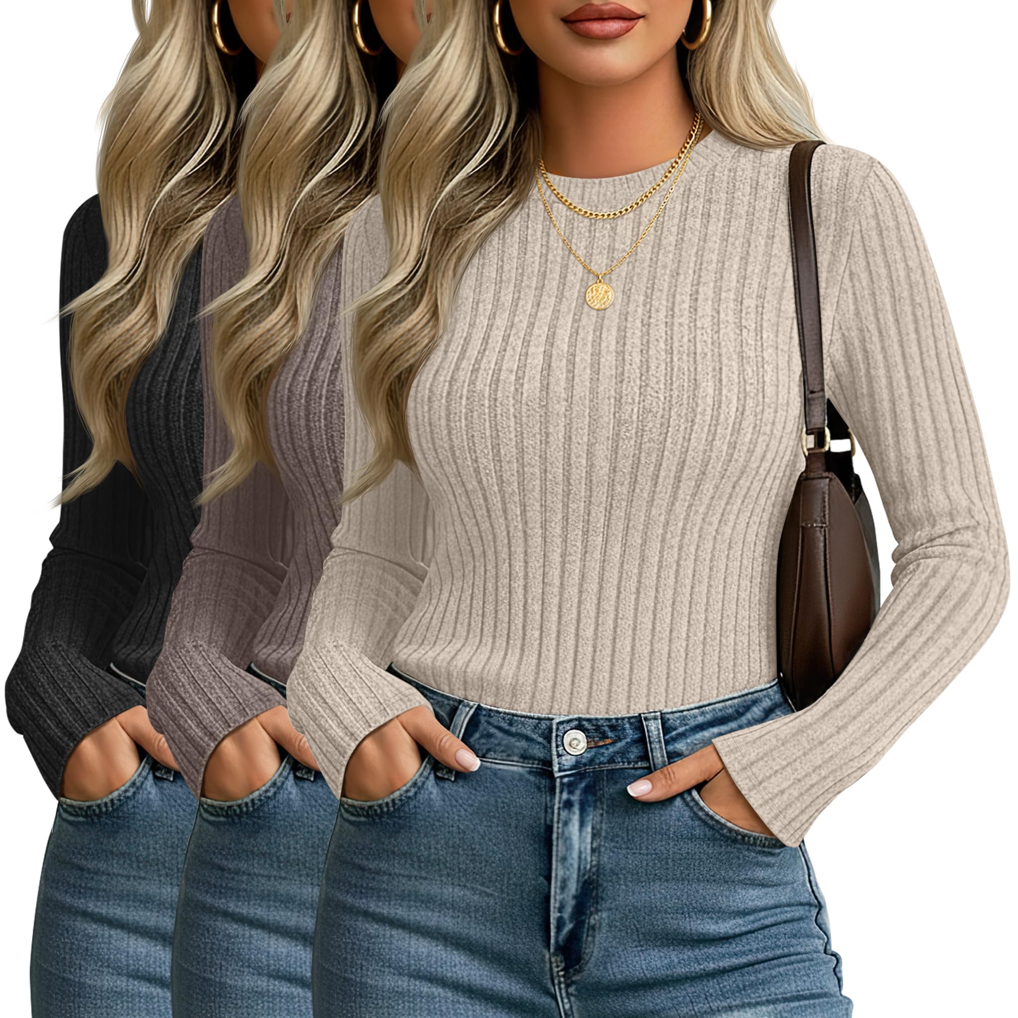 3 Pack Womens Fitted Ribbed Sweaters Tops Long Sleeve Crew Neck Slim Fit Thermal Fall Winter Base Sweater