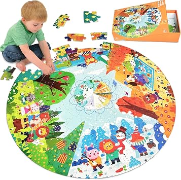 Floor Jigsaw Puzzles for Kids 3 4 5 6 7 8 Year Olds, 88 PCS Large Four Seasons Forest Animal Puzzle Round, 53x53cm Kids Jigsaw, Educational Toys for Toddlers Boys & Girls