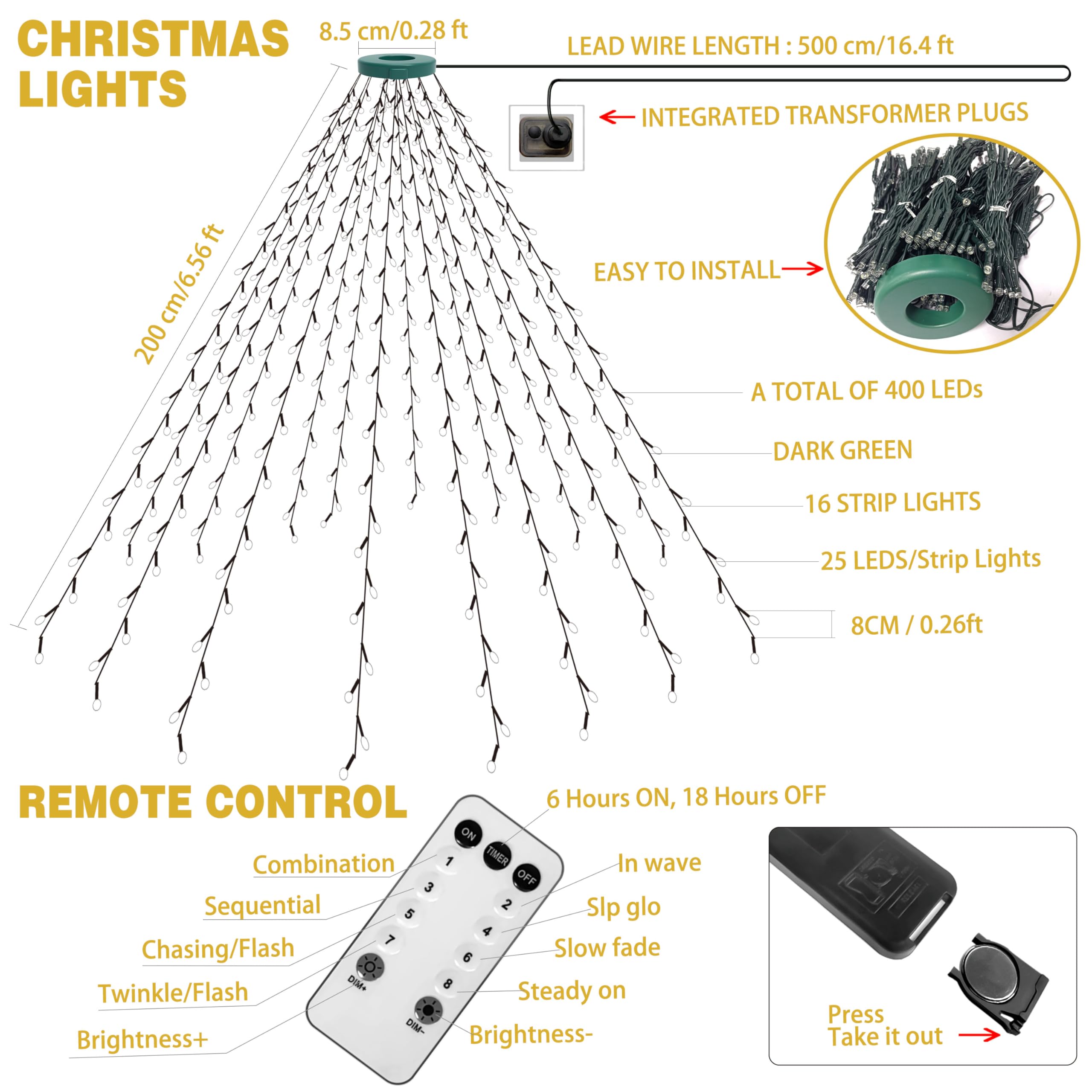 Lampki Choinkowe Kedoxi 400 diod LED z Timerem, Lampki Choinkowe z Pierścieniem 16 Sznurków 6,6FT łatwe w Montażu, Kurtyna świąteczna Wróżka 8 Trybów do Dekoracji świątecznej Jodły Sosnowej, Kolorowe