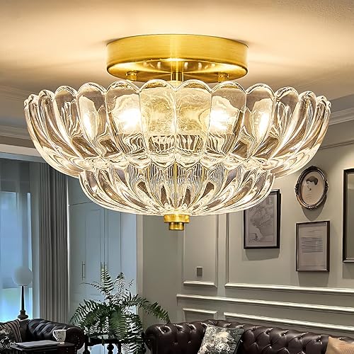 Miniatura 1 de Lámpara de techo semiempotrada dorada moderna de mediados de siglo, 3 luces de cristal de flores cerca del techo, accesorios de iluminación para