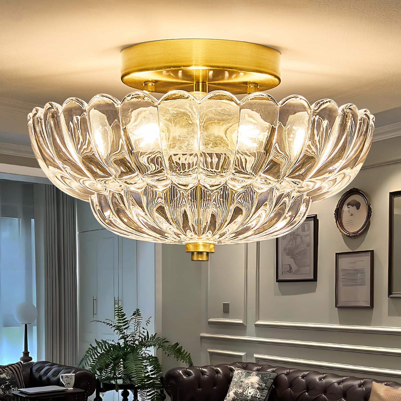 FHKLZCI Mid Century Modern Gold Semi Flush Mount Ceiling Light Fixture,3 Lights Flower Glass Close to Ceiling Lighting Fixtures for Bedroom Hallway