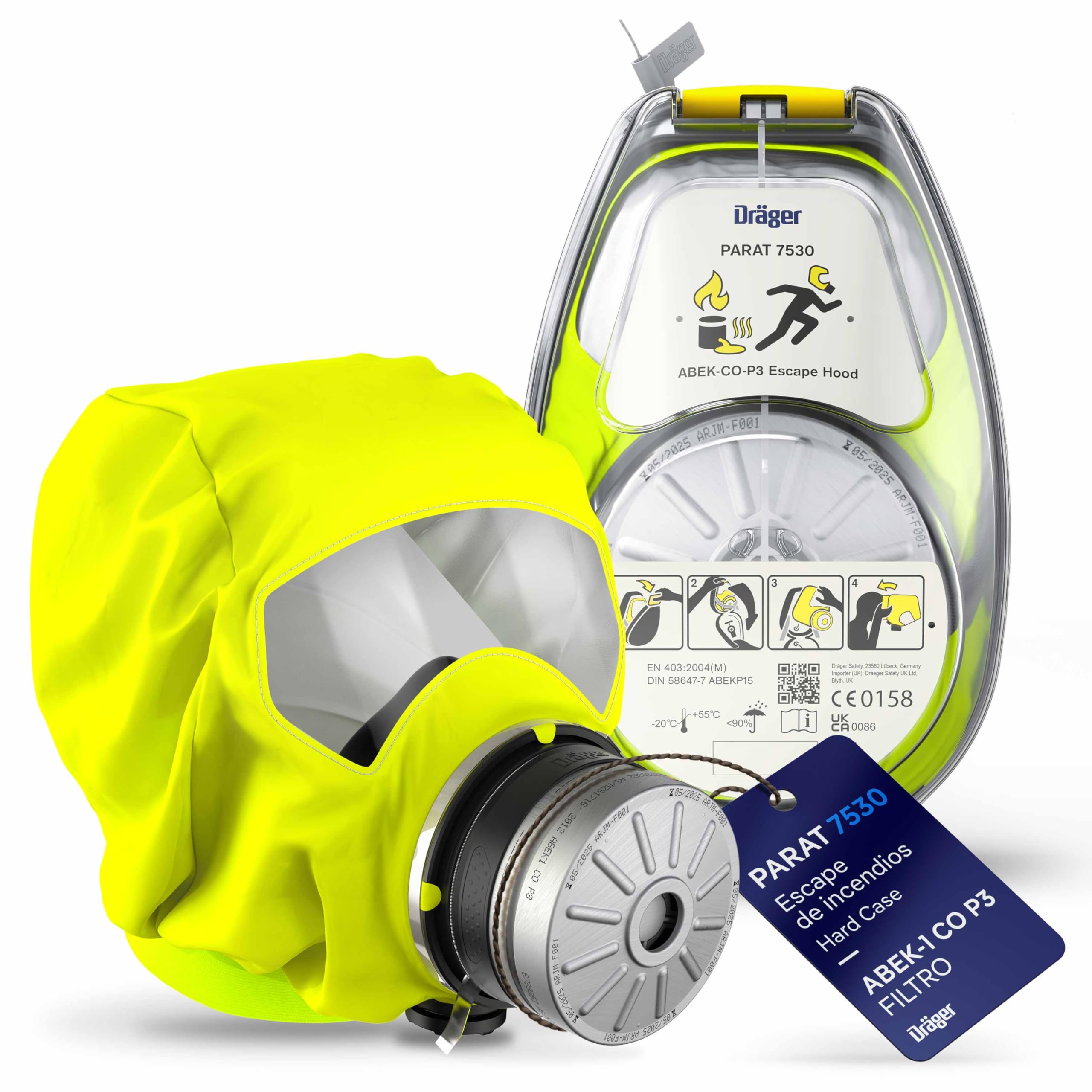 Dräger PARAT 7530 Capucha de Emergencia con Filtro Combinado ABEK CO P3| Adecuada para áreas industriales y para el Escape en Caso de Incendio | Empaquetado en un Estuche de plástico Duro…