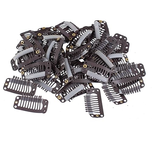 Miniatura 3 de SWACC 100 clips metálicos en forma de U para extensiones de cabello, extensiones de cabello, clips de peluca de peine a presión con goma (marrón, 9