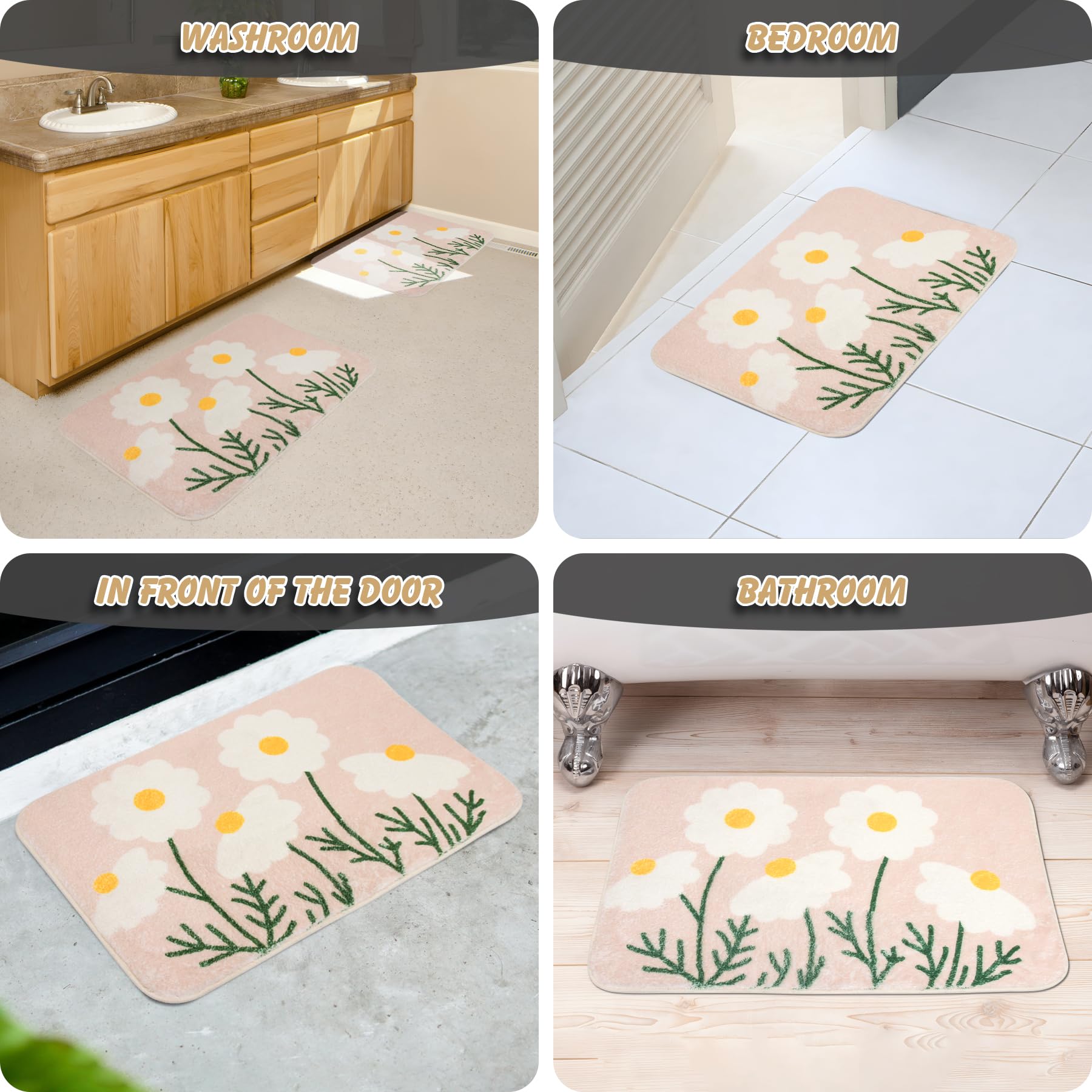 Spesh Bath Mat for Bathroom 40x60 cm Non Slip Bathroom Floor Mat Soft Flower Bath Rug, Durable and Machine Washable(Daisy) - Image 3