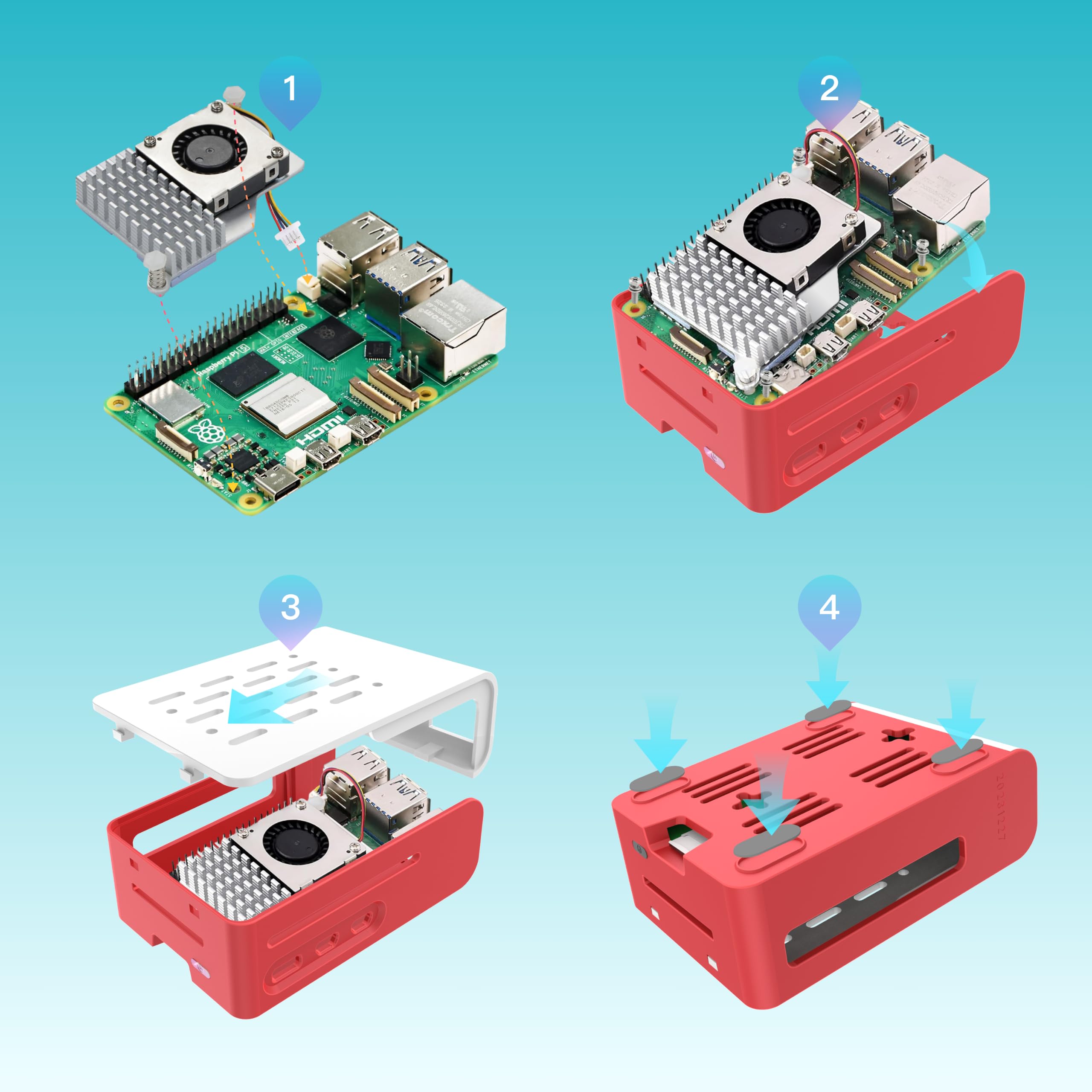 iRasptek Kit de inicio para Raspberry Pi 5 RAM 4 GB- 64 GB edición de OS-Bookworm precargado (funda roja y blanca)