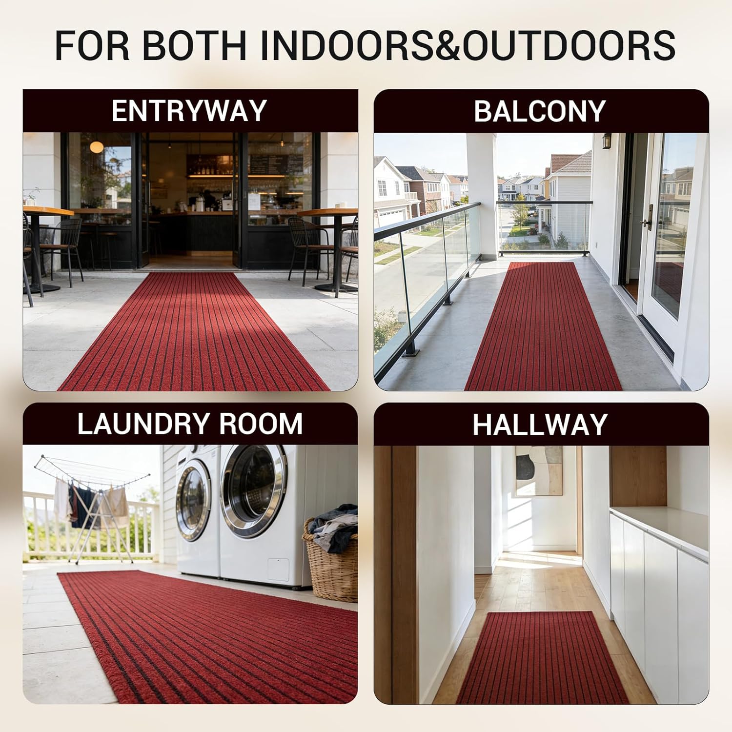 Stripe Runner Rug 3 x 10 ft Indoor Outdoor, Burgundy Non Slip Rubber Backing, Waterproof Low Profile Area Runner for Hallway, Entryway, Kitchen, Patio, Garage, Stairs & Laundry