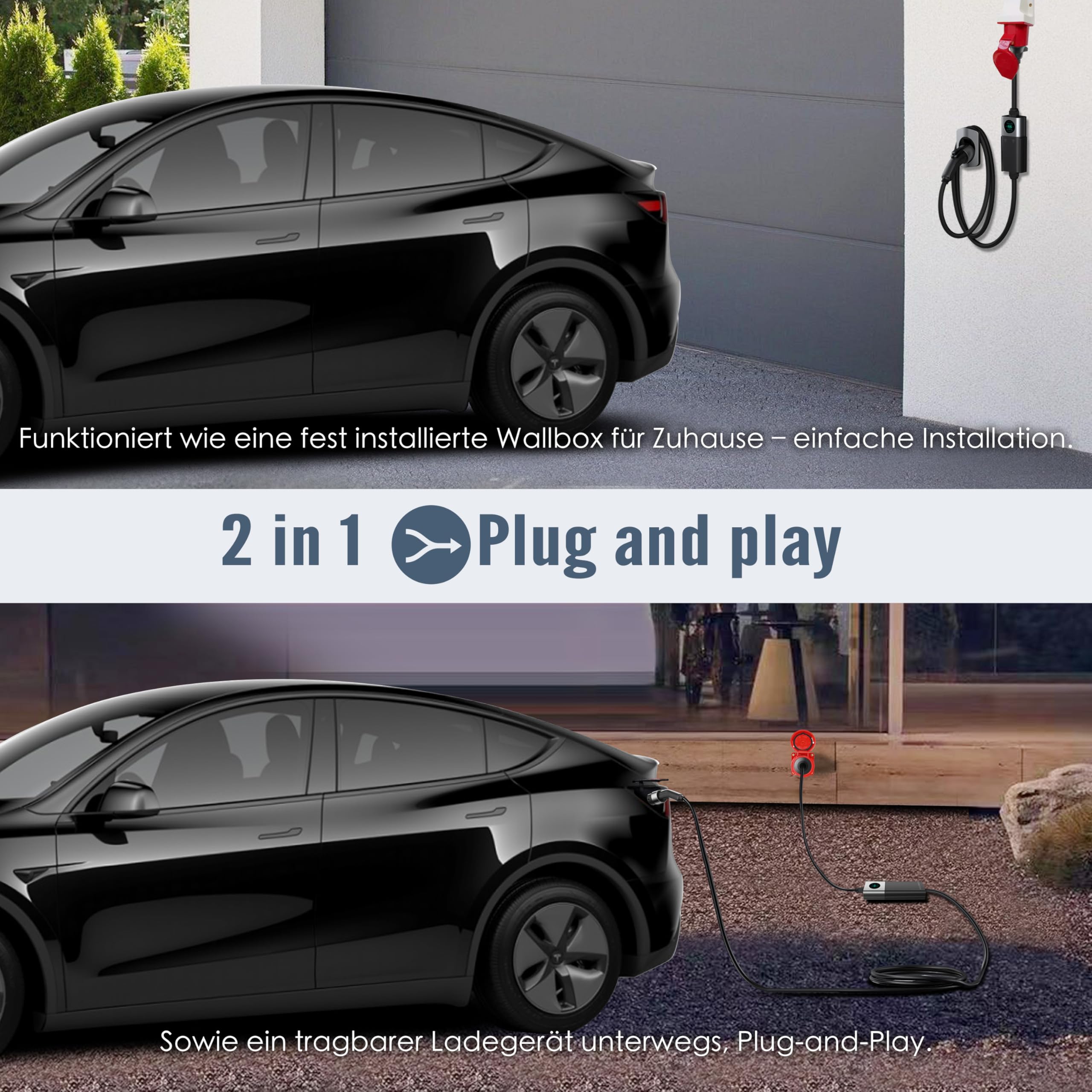AC-Ladegerät für Elektrofahrzeuge, [11 kW, Dreiphasig, 7 m, 6–16 A], Typ-2-Stecker, 5-poliger CEE-Stecker, Mobiles Ladegerät, Wandmontierbare Wallbox, MG Renault Tesla BYD VW, Hochwertigkeit