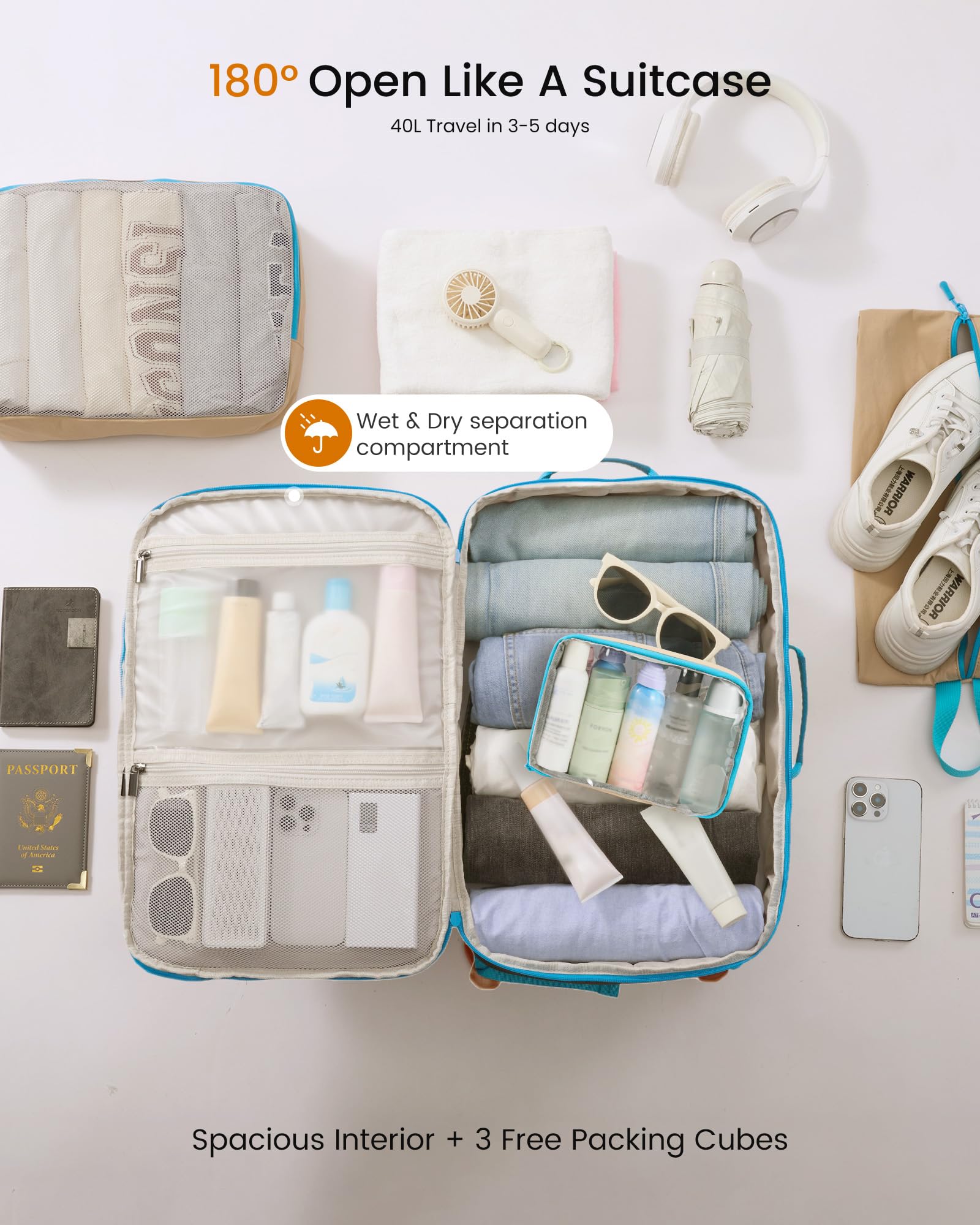 LOVEVOOK 40L Travel Backpack for Women & Men, Airline Approved Carry On Backpack with 3 Packing Cubes, TSA Personal Item Bag, Waterproof Weekender Overnight Backpack Fits 17" Laptop - 3