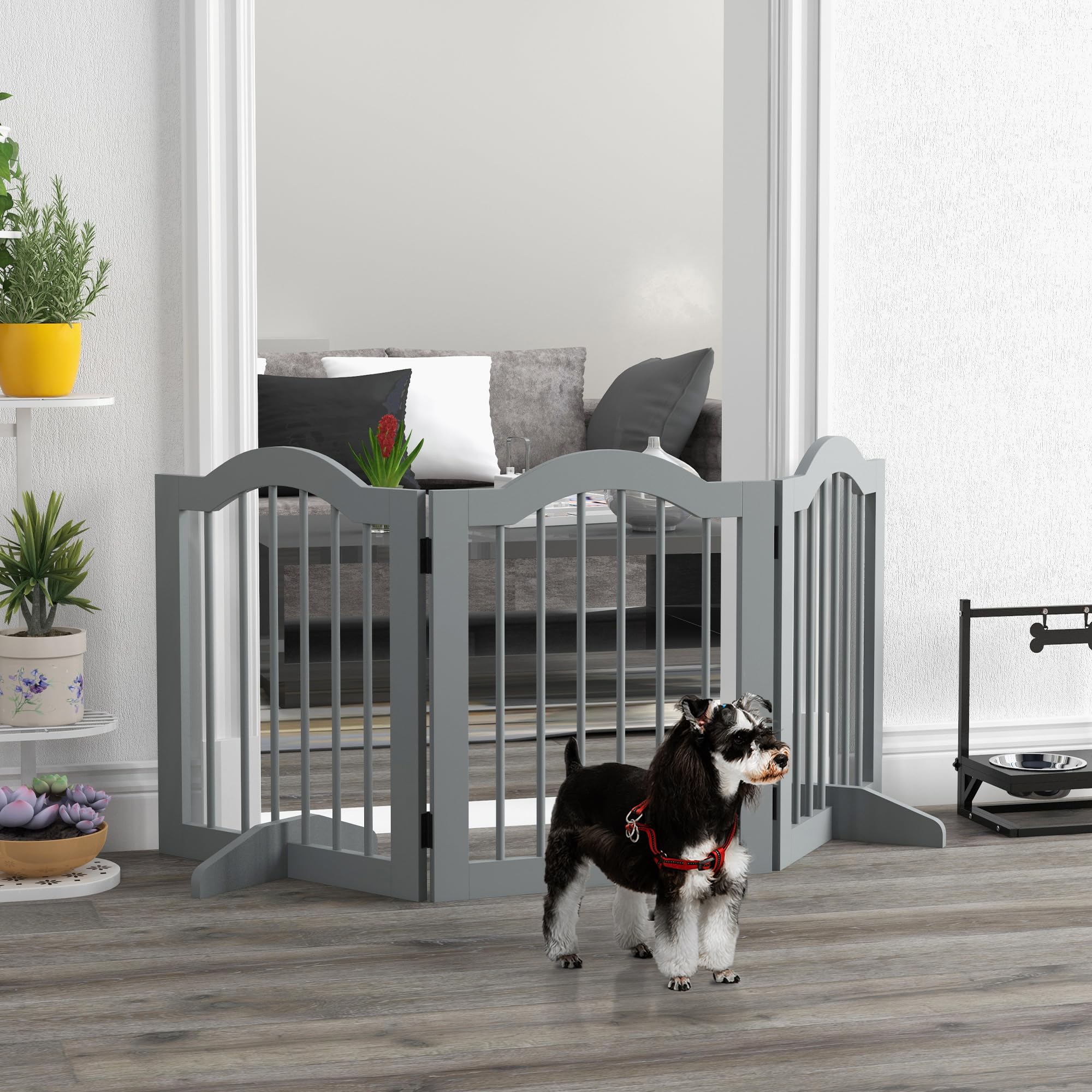 PawHut Freestanding Pet Gate Wooden Dog Gate with Support Feet Foldable Pet Fence Safety Barrier for the House Doorway Stairs Light Grey - Image 2