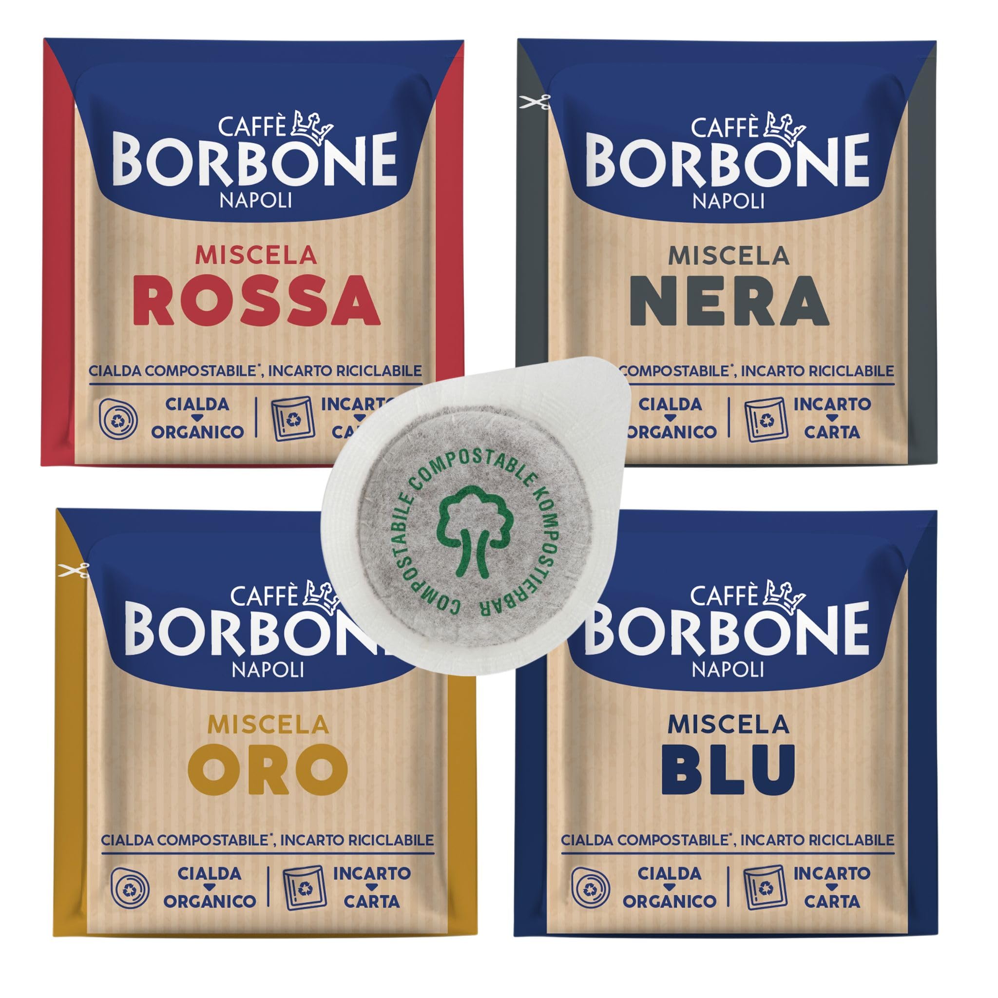 Caffé Borbone 4 x 50 Kaffee-Pads 44 mm: 50 Schwarz, 50 Blau, 50 Rot, 50 Gold