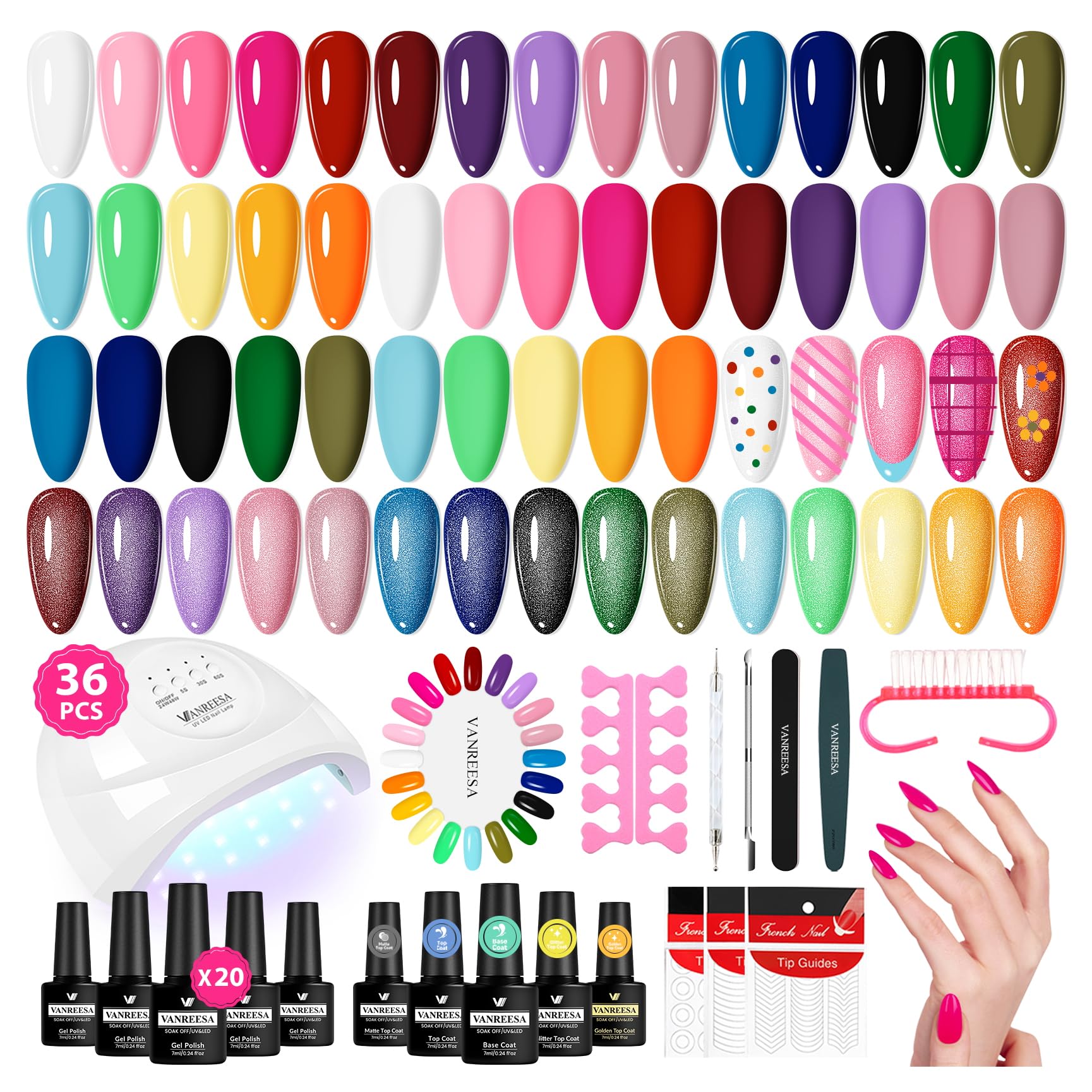 VANREESA Gel Nail Polish Kit with U V Light 36 Pcs Gel Polish Nail Set 20 Must-have Colors Nail Polish Set + Base Coat and 4 Effects Top Coat Manicure