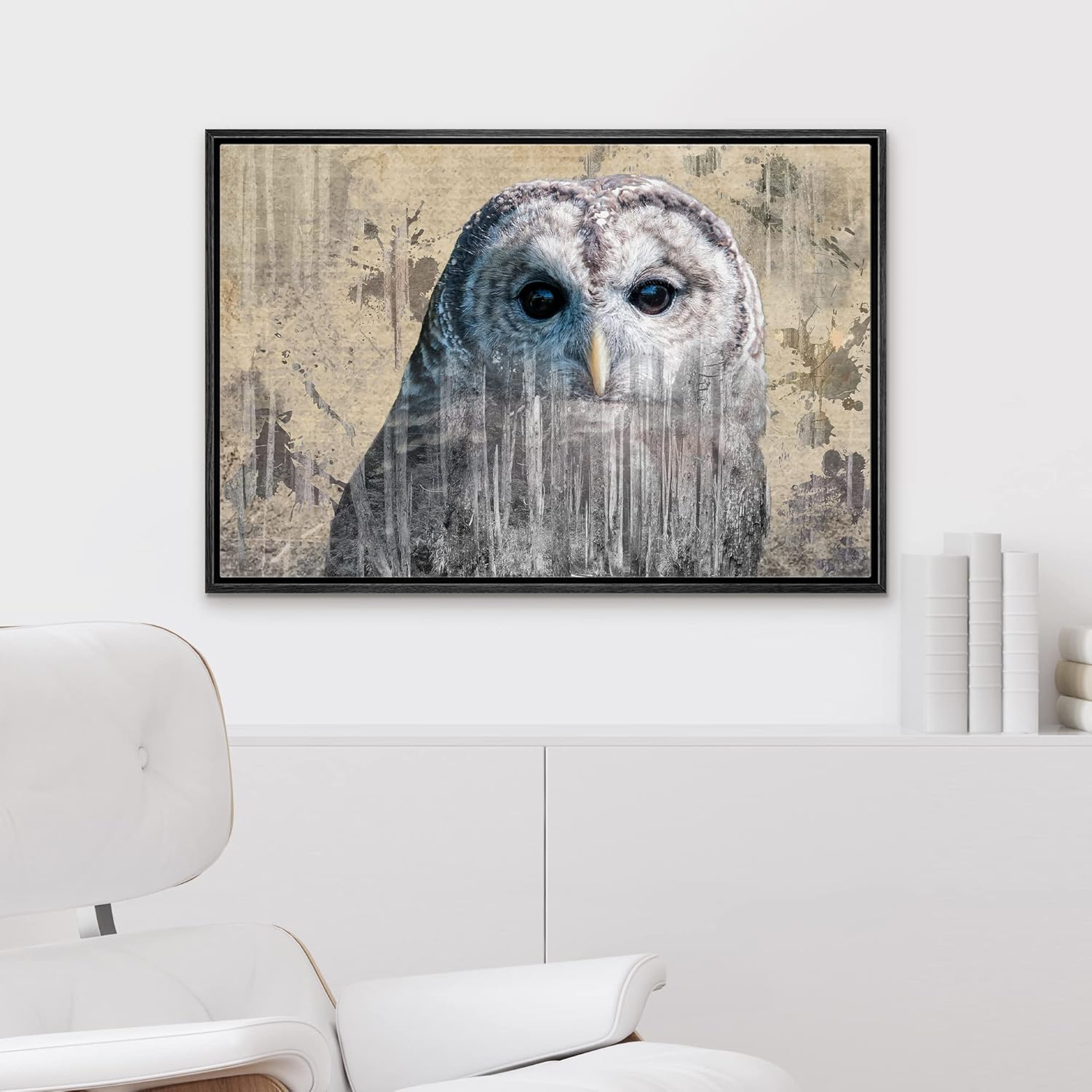 wall26 Framed Canvas Double Exposure Close Up of a Grey Barred Owl on a Rustic Style Canvas - Canvas Art Home Art - 16"x24" Black