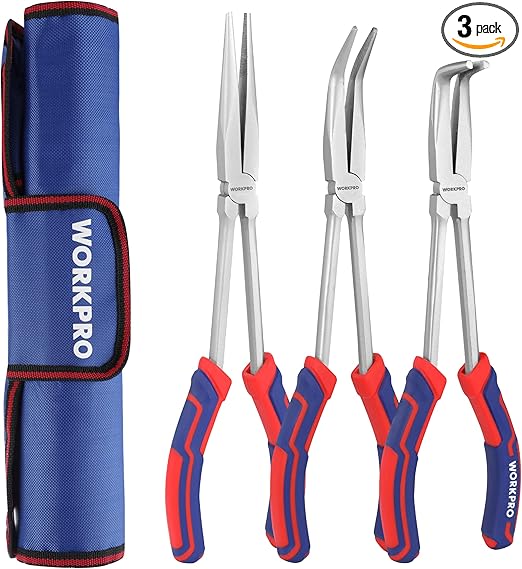 WORKPRO 11in Extra Long Needle Nose Pliers Set - Long Reach Straight & Bent Nose Pliers for Narrow Spaces