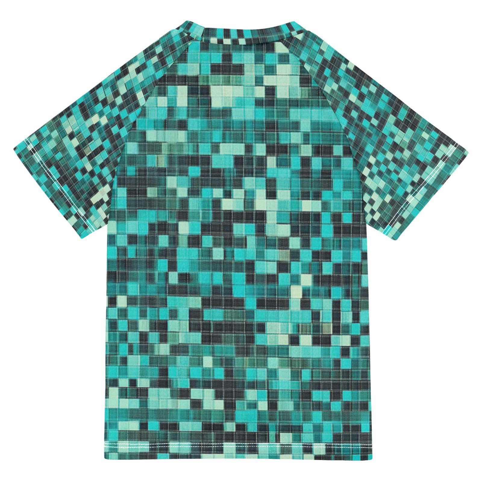 Kids Bathing Suit Short Sleeve Girls Rash Guard Top 9T Herringbone Houndstooth Checked Turquoise Green