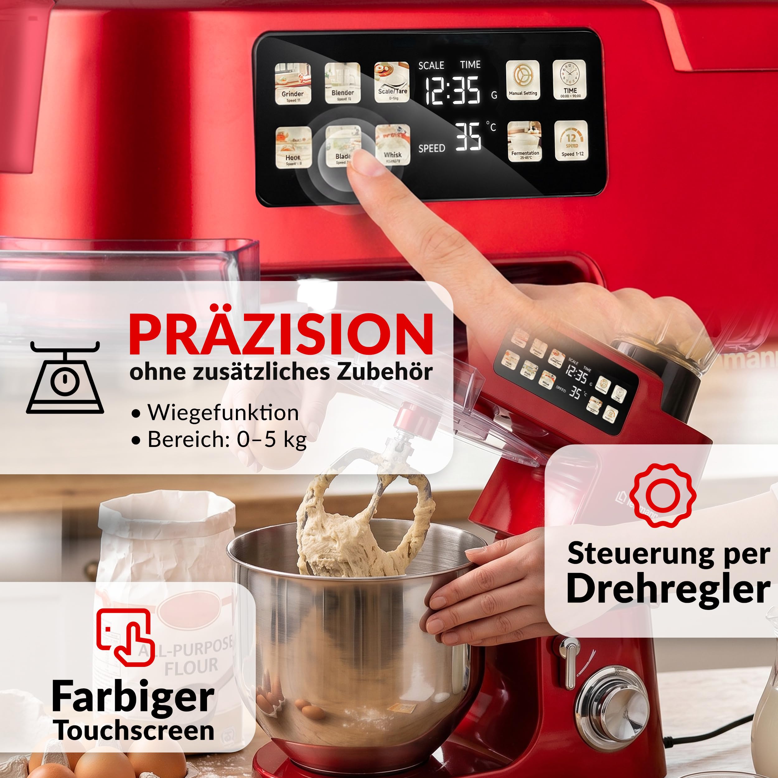 LEHMANN Teyles Multifunktions-Küchenmaschine 8L 2100W mit Waage & Heizschüssel, Planetarische Knetmaschine für Brot- & Pizzateig, 1,5-Liter-Mixer, Fleischwolf, Touchdisplay, Rot