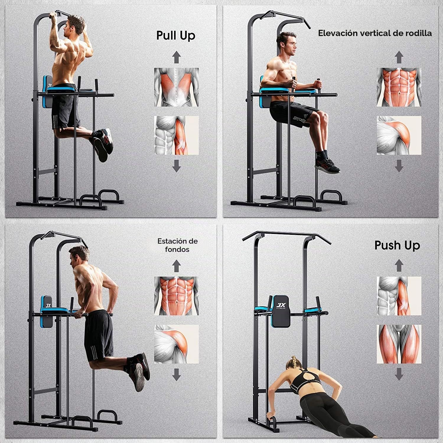 JX FITNESS Estación de musculación, Torre de Entrenamiento Multifuncional, Torre de Gimnasio con Barra de Flexiones y dips