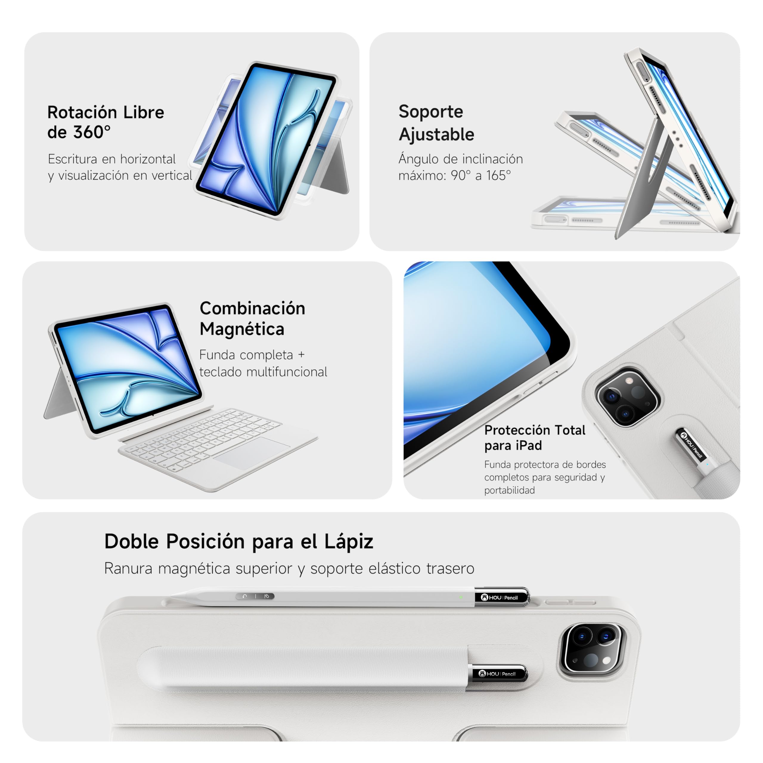 HOU Funda con Teclado para iPad Air 11″, Air 5/4 y Pro 11″ 1/2/3/4 Gen | 360° giratorio,extraíble, base ajustable,vertical/horizontal,portalápiz,trackpad,retroiluminación,funda integral,Blanco