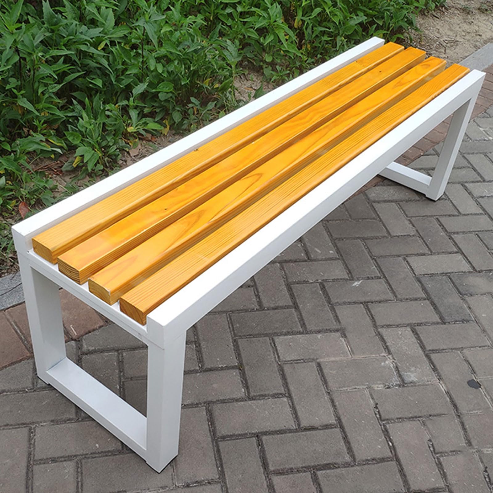 Weather-Resint - Banco de madera sin respaldo para jardín, patio, balcón y parque, diseño amarillo y blanco, 150 x 40 x 45 cm, perfecto para relajarse y sentarse