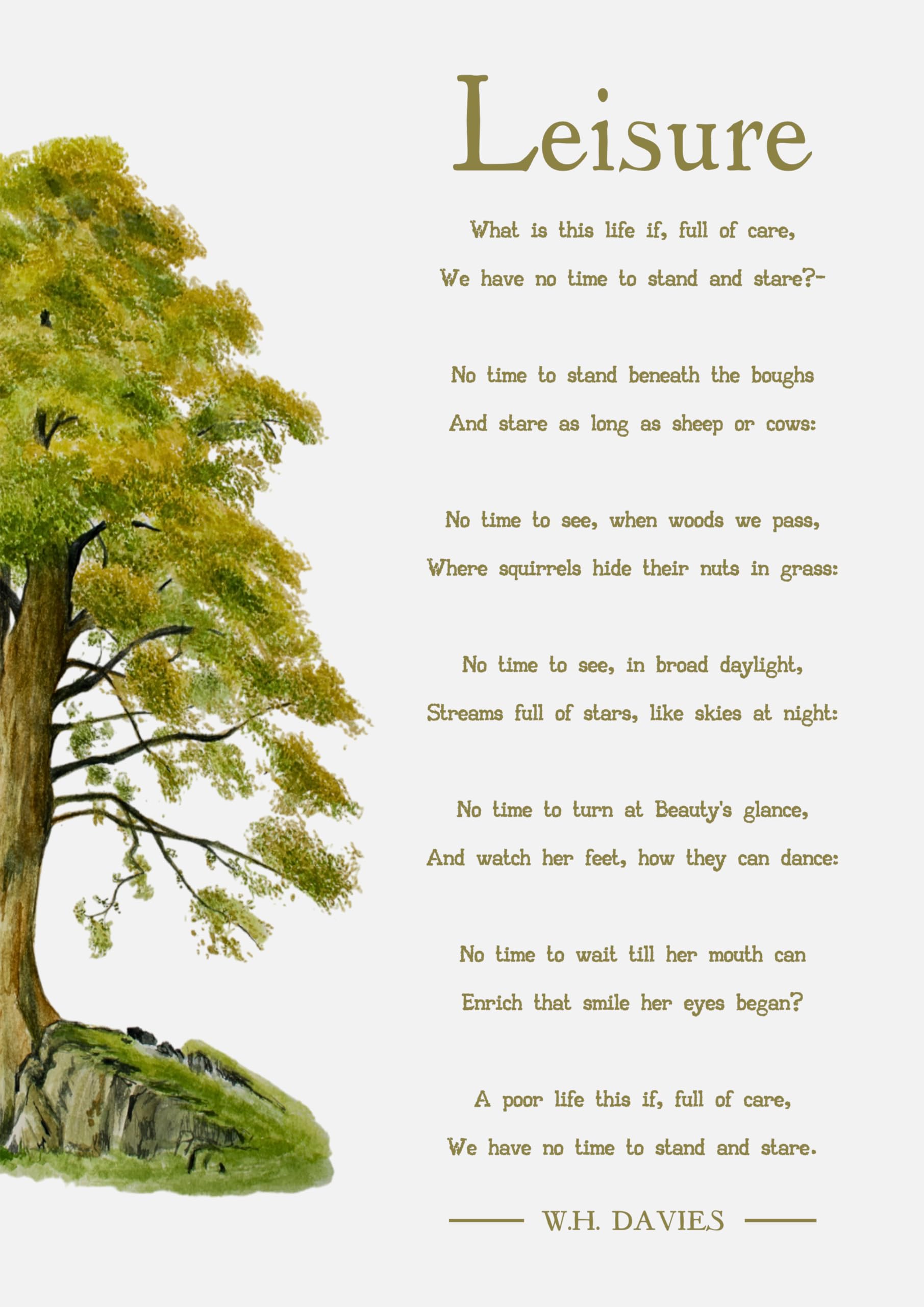 W H Davies Leisure poem art print with tree illustration. Size A4