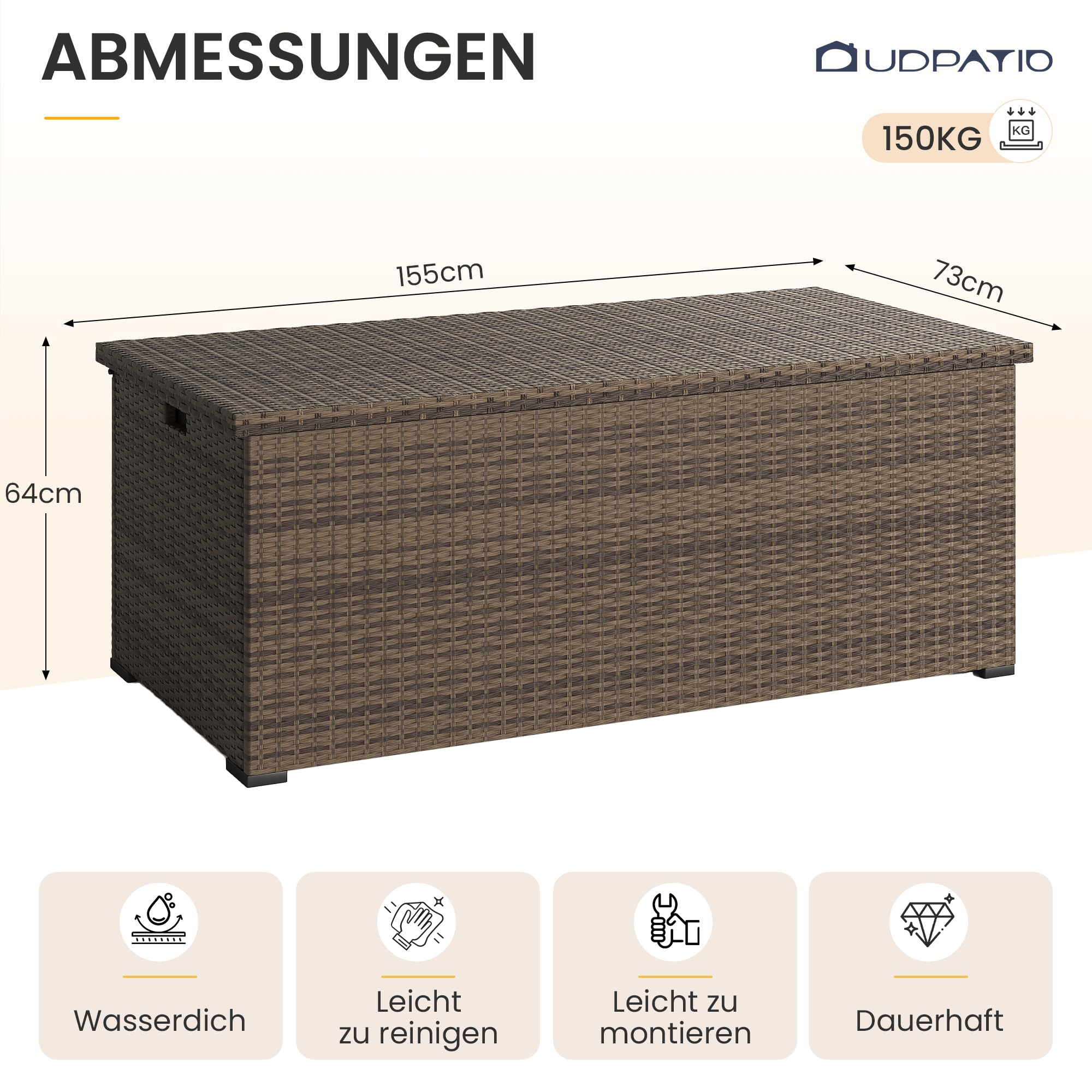 UDPATIO Gartenbox Wasserdicht 650L, Aufbewahrungsbox Garten XXL, Auflagenbox Wetterfest, Kissenbox Outdoor mit Deckel, Gasdruckfedern, ideal für Garten, Terrasse & Balkon | Braun