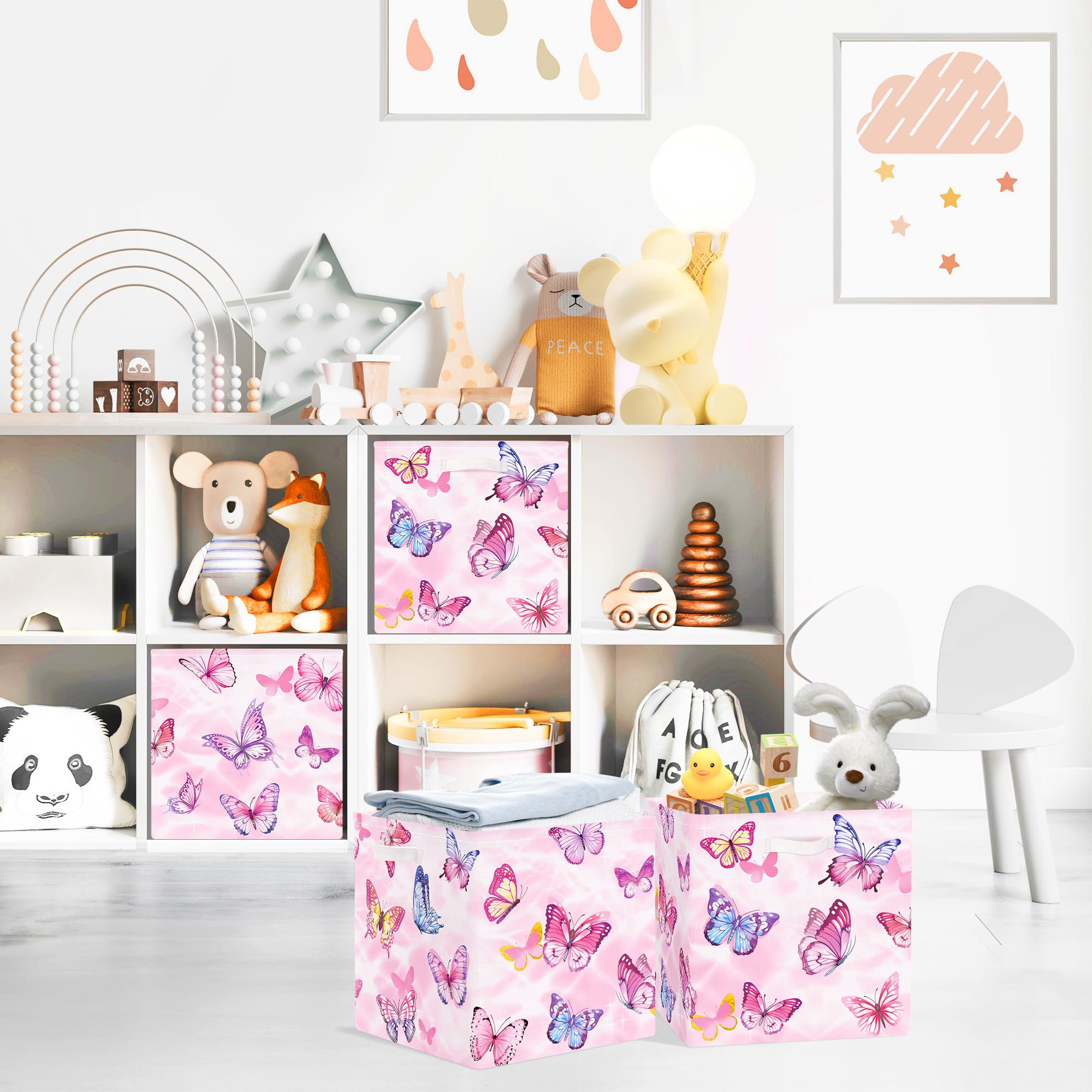 Clastyle Lot de 3 Boite Rangement Tissu Enfant Papillon Cube de Rangement Pliable Filles Panier Kallax pour Salle de Bain,Rose,30x30x30 cm