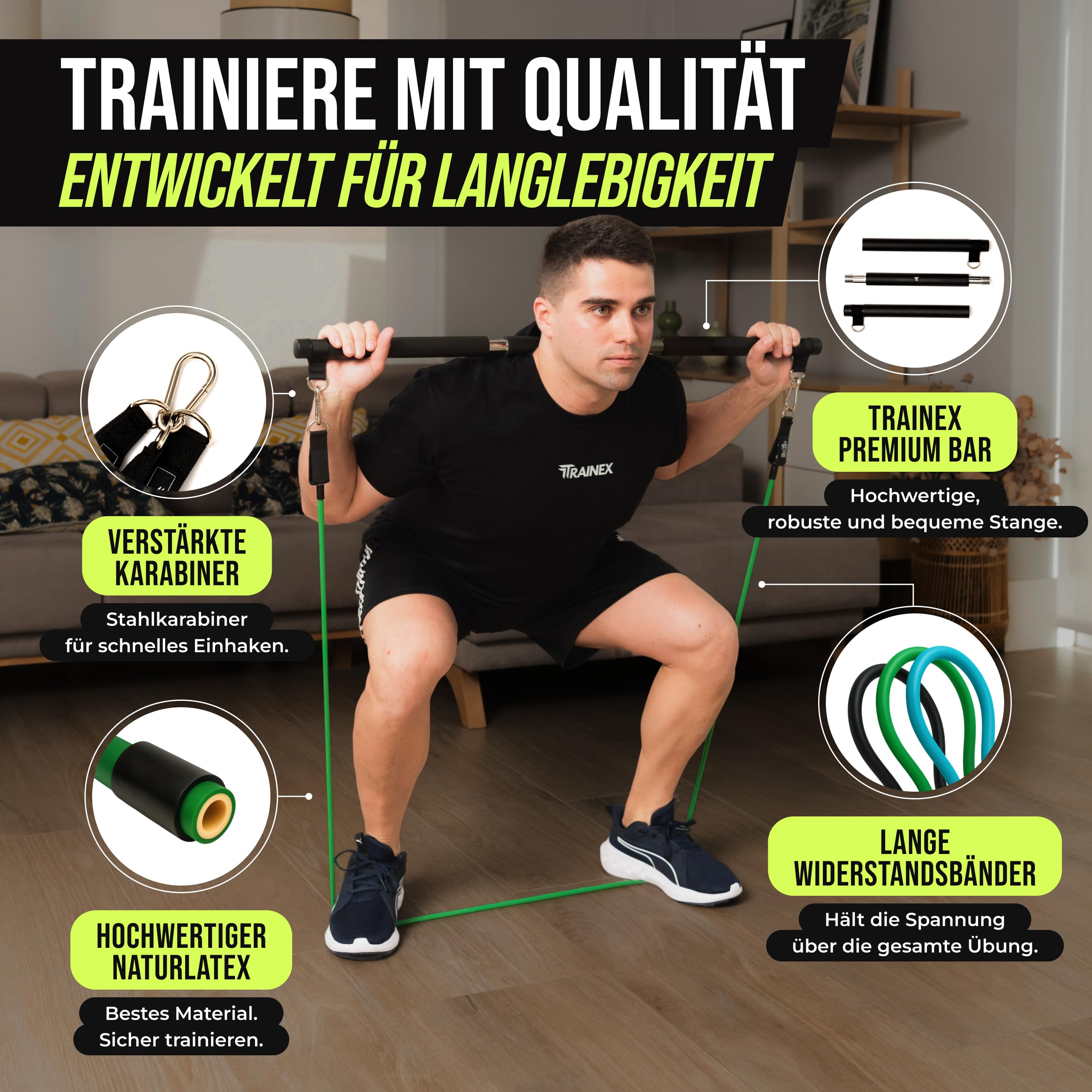 Fitnessbänder mit Trainingsstange | Widerstandsbänder Set bis 100 kg | Hochbelastbare Latex Trainingsbänder für Krafttraining | Kompaktes Home Gym für Zuhause