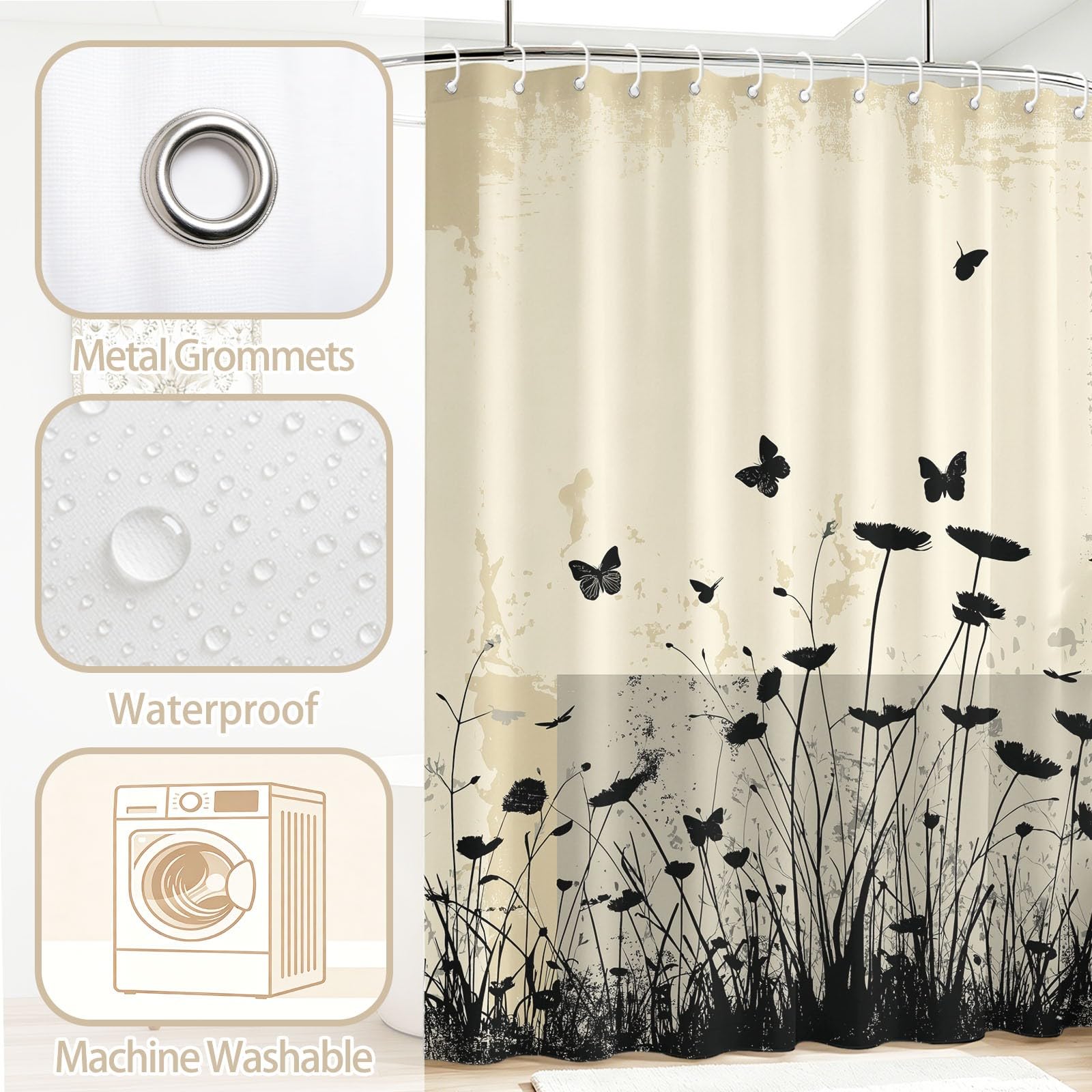 Rideau de Douche Moderne Abstrait en Polyester imperméable et Lavable avec Crochets, 240 x 200 cm, Rideau de Salle de Bain Géométrie Floral Silhouette Composition divisée Nature pour Salle de Bain