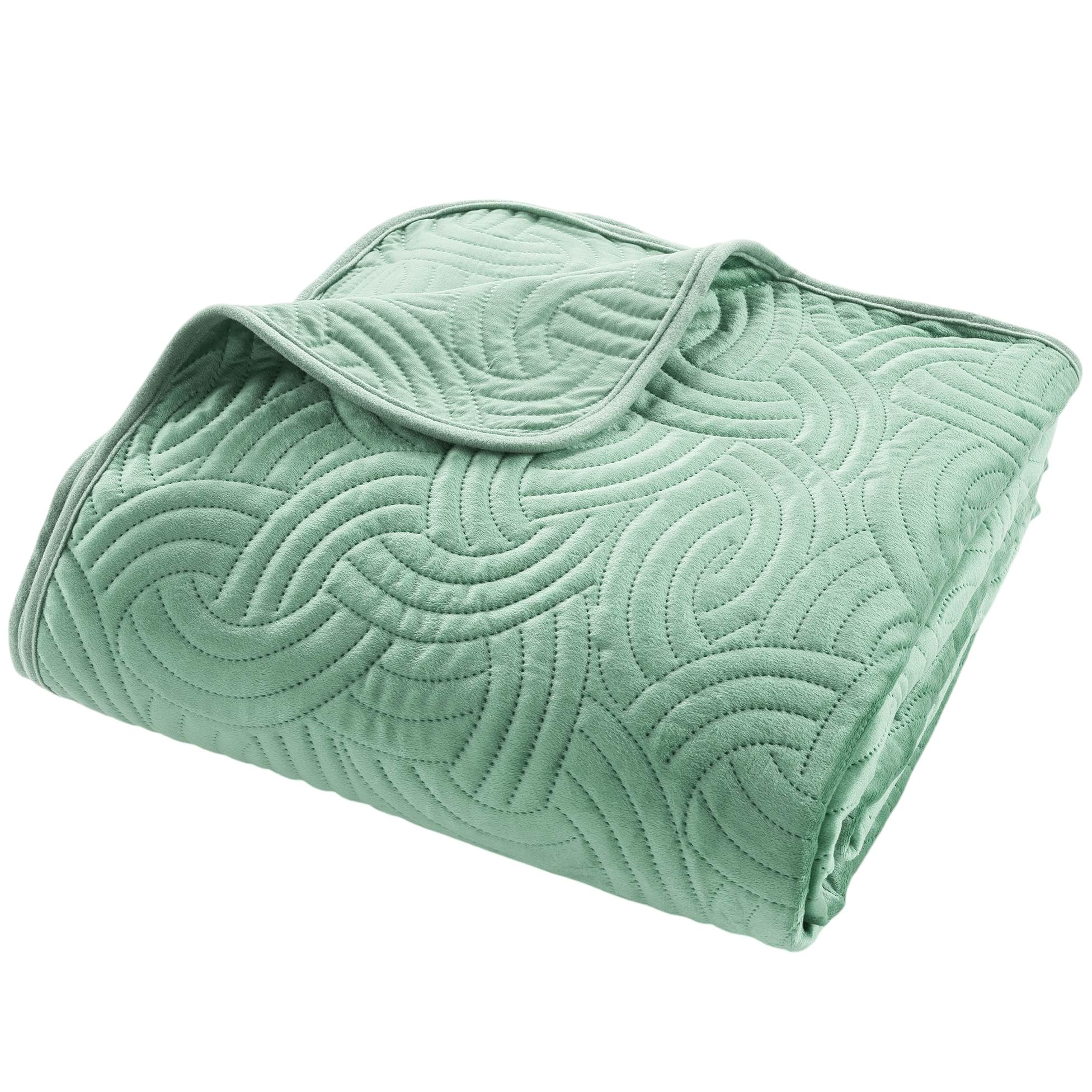 Douceur d'Intérieur, Solange Sage Quilted Bedspread (220 x 240 cm) and 2 Pillowcases (60 x 60 cm) Solange Sage Velvet Plain