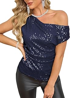 Women's Off Shoulder Sequin Top Sparkly Glitter Shirts Asymmetrical Ruched Blouses Party Cocktail Tops S-XL