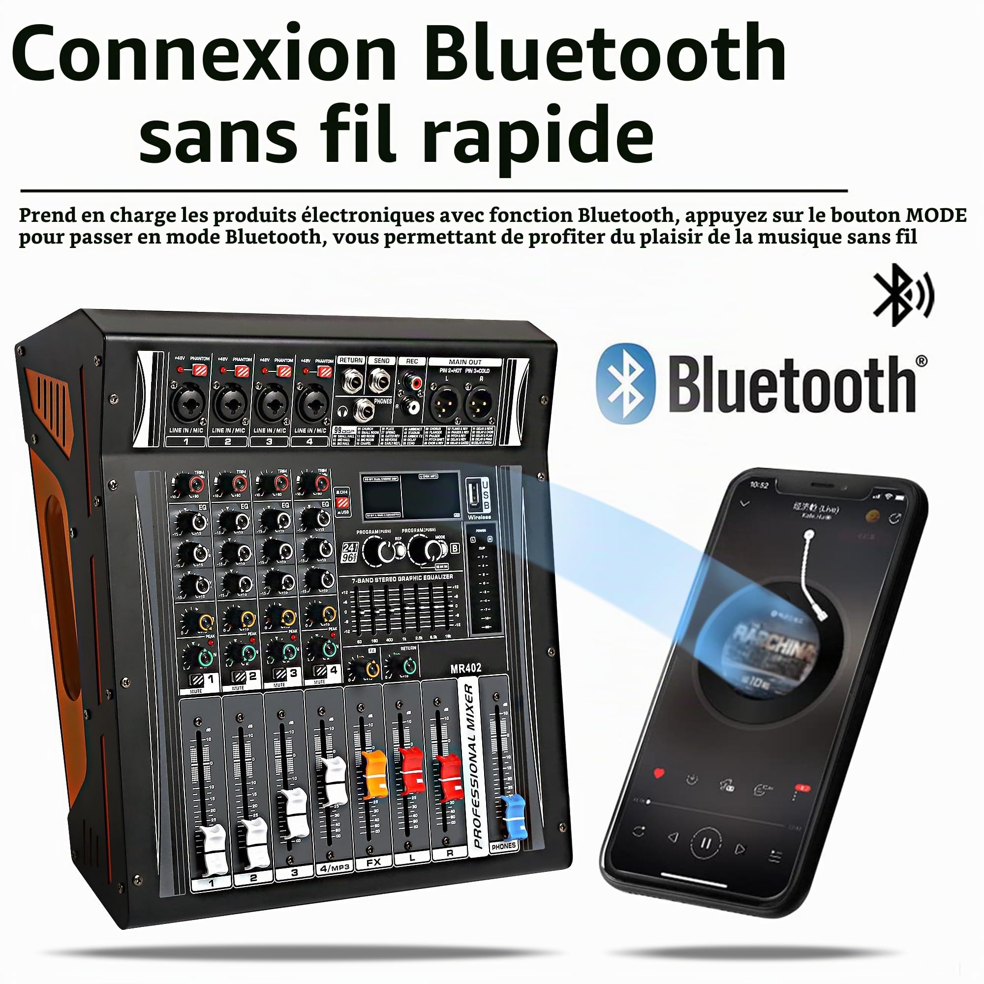 Table Mixage Amplifiée 4 Ohm 2x300w dj Professionnel Console de Mixage Amplifier avec 99 DSP Effect, Tabl Mixag 4 Canaux dj Pro Audio Mixer avec Usb Bluetooth