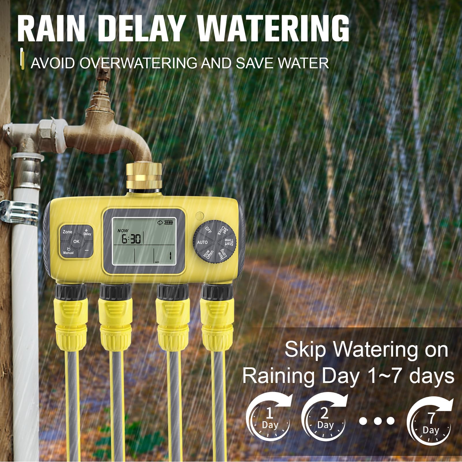 Timer di Irrigazione, Timer D'acqua Programmabile indipendentes a 4 Zone per Tubo da Giardino,Timer del Rubinetto del Tubo di Ingresso in Ottone da 3/4Pollici con Ritardo di