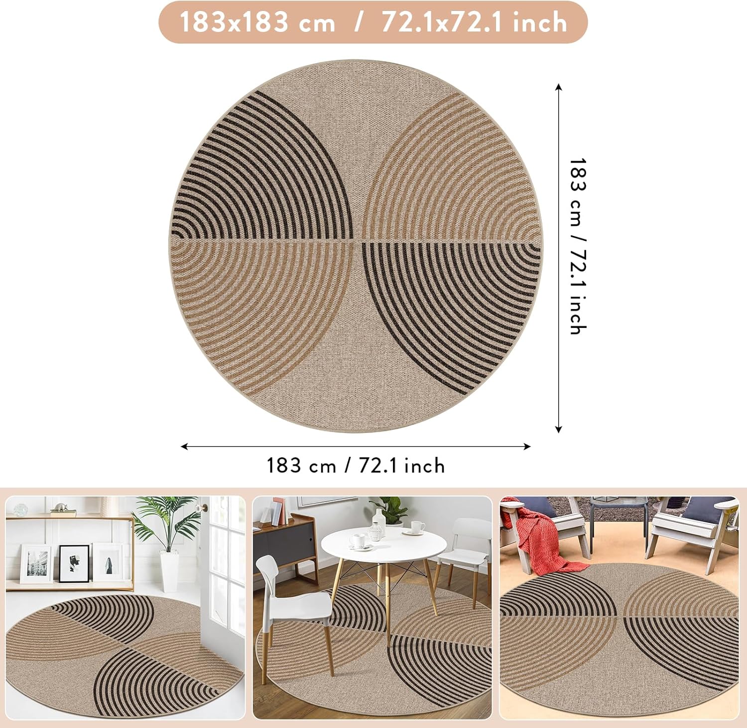 Lahome Modern Rainbow Round Rug, 6ft Easy Jute Circle Patio Rug Washable Indoor Outdoor Rugs for Living Room, Farmhouse Natural Round Area Rug Contemporary Carpet for Entryway Backyard
