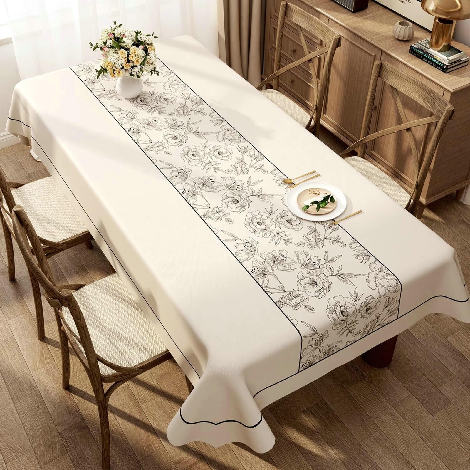 Mantel rectangular de PVC, 120 x 160 cm, diseño de flores, color beige