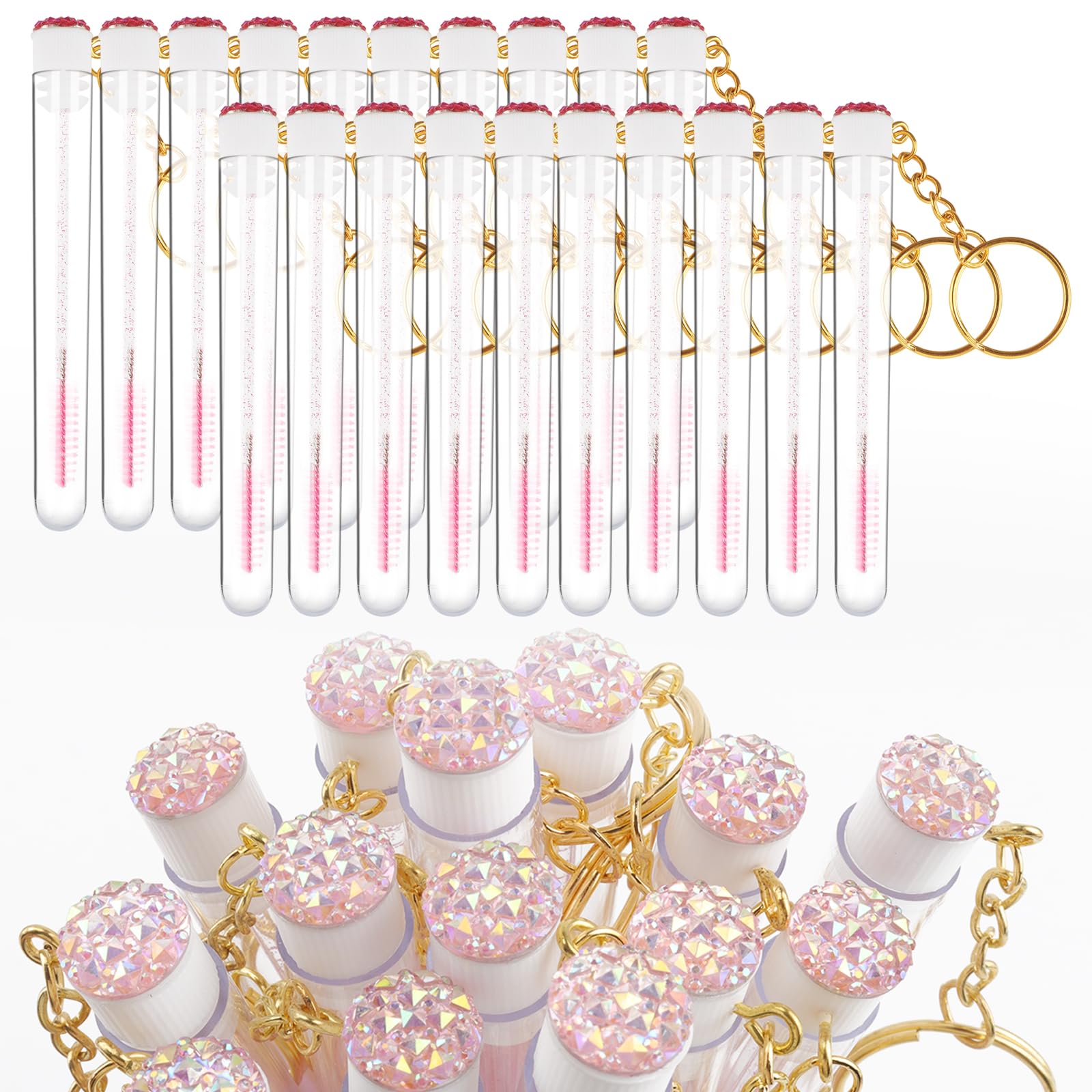 Mekupeu 20pcs Mascara Wands Set Crystal Eyelash Spoolies Eyebrow Brush and Reusable Diamond Key Chain Tube Eyelash Extension Supplies (Pink)