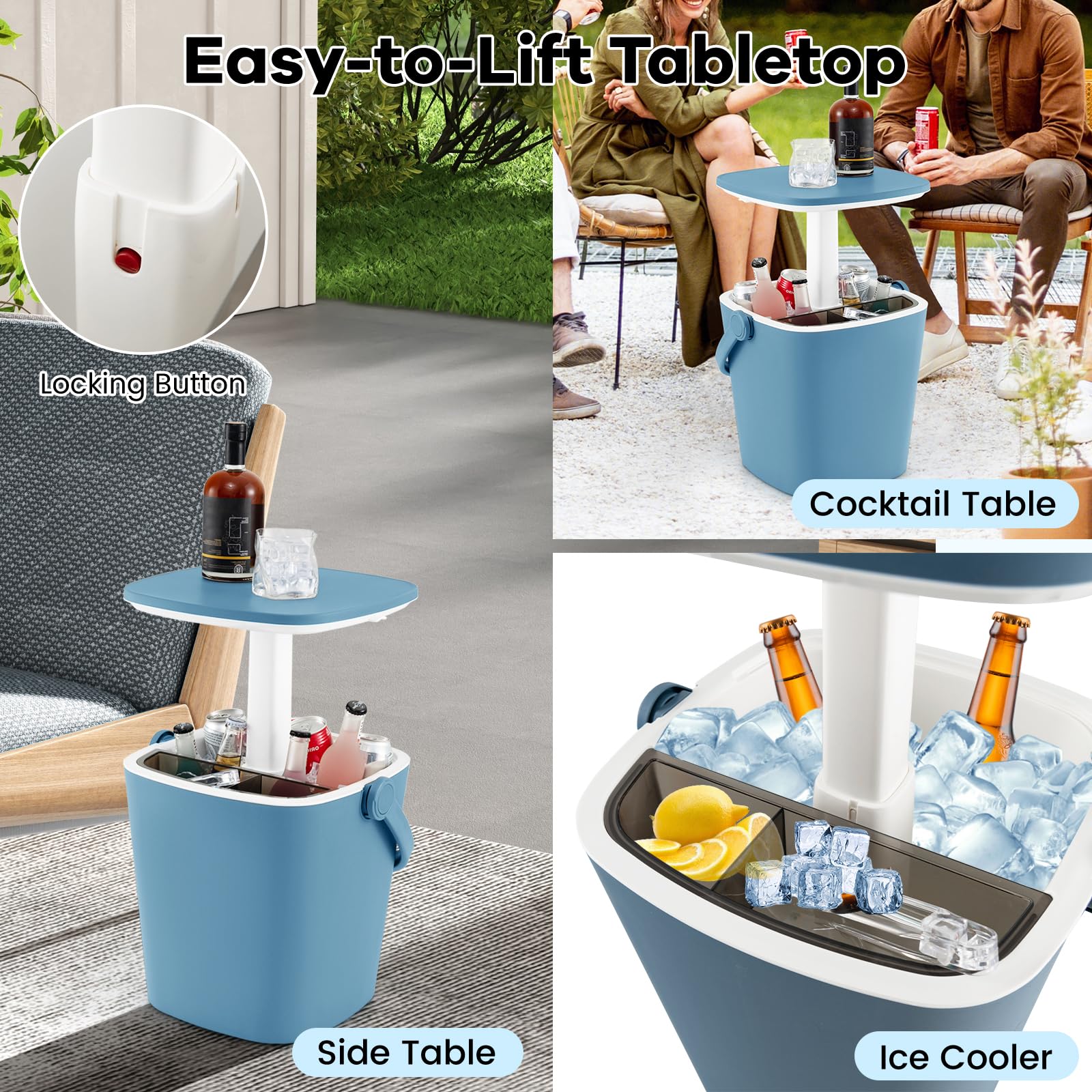 SOARS Bar Exterieur 3 en 1 15L Table d'Appoint Réglable en Hauteur 35 x 34 x 37-58 cm avec Boîte à Glace, Pince, Refroidissiment Jusqu'à 6H, Table pour Jardin Piscine Salon Chambre Bleu