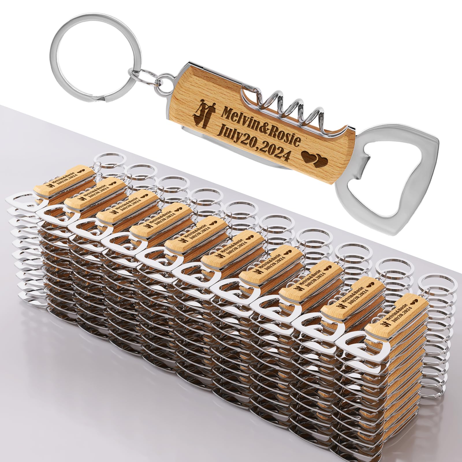 100 pezzi Apribottiglie in legno multifunzionale personalizzato per festa di matrimonio, bomboniere per ospiti, regali personalizzati per feste di compleanno, portachiavi apribottiglie incisi.