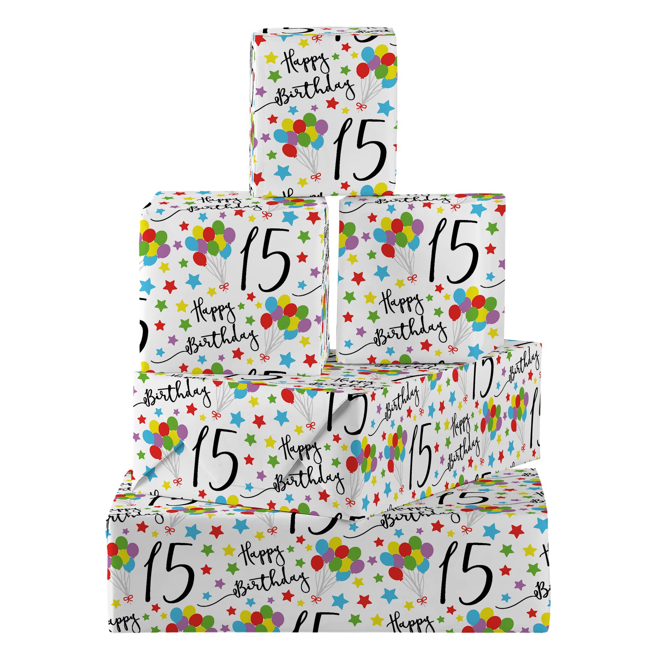 Hunts England - 5 Sheets Of 15th Birthday Fun Wrapping Paper For Boy/Girl - Includes 5 Gift Tags - Age 15 Folded Gift Wrap For Him/Her - Iconic Collection - Colourful Age Fifteen Gift Wrap โ image 1