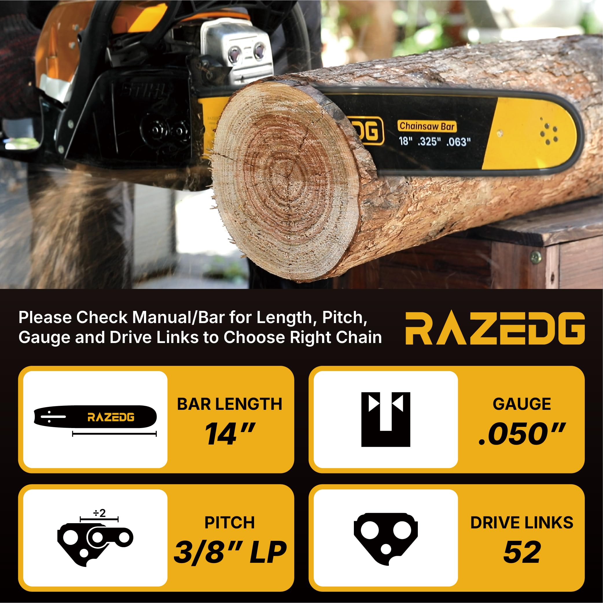 Catena per motosega in carburo, 35,5 cm, passo 3/8", calibro 0,50", 52 maglie, adatta per Husqvarna 120, Echo CS-310, Ryobi RY3714 e altri-S52 (1 catena)