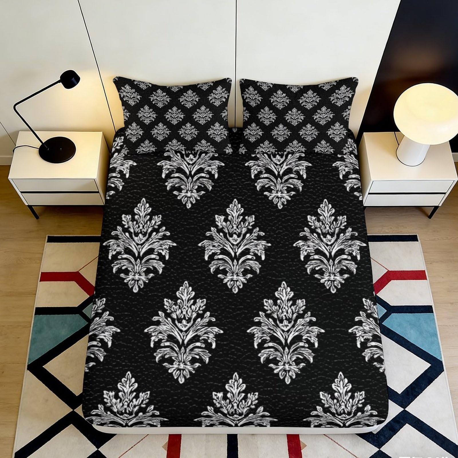 3D Printed Black Damask Fitted Sheet Microfiber Soft Breathable Classic Floral Mattress Cover for Bedroom Dormitory Guest Room Protection Decor 180x200x25cm