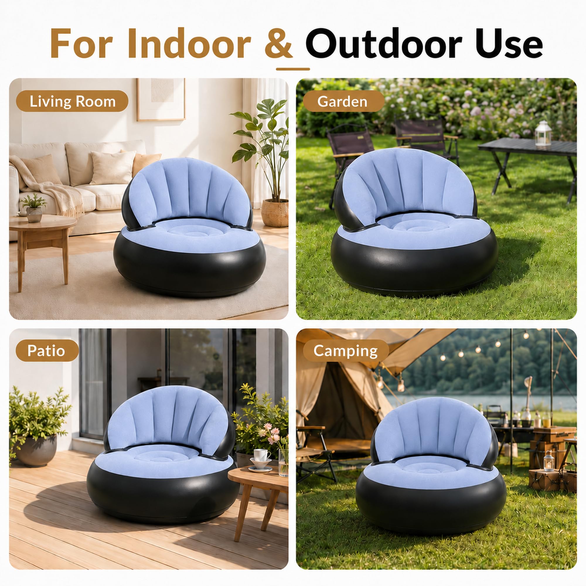 Divano gonfiabile, poltrona gonfiabile, impermeabile, con superficie floccata, divano ad aria per interni ed esterni, per campeggio, soggiorno, giardino, terrazza (azzurro)