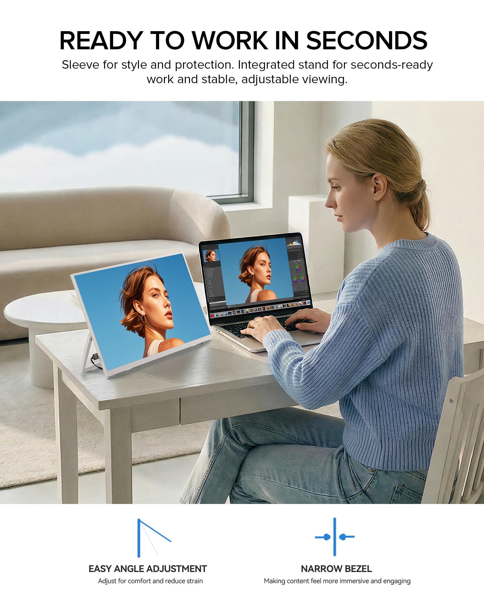 UPERFECT Monitor Portatile 15,6" 125% sRGB Schermo Esterno Bianco con Custodia, 2000:1 Contrasto FHD 1080P HDR Eyecare, Stand Regolabile 180° Integrato & VESA, Monitor Secondario per Laptop PC Mac