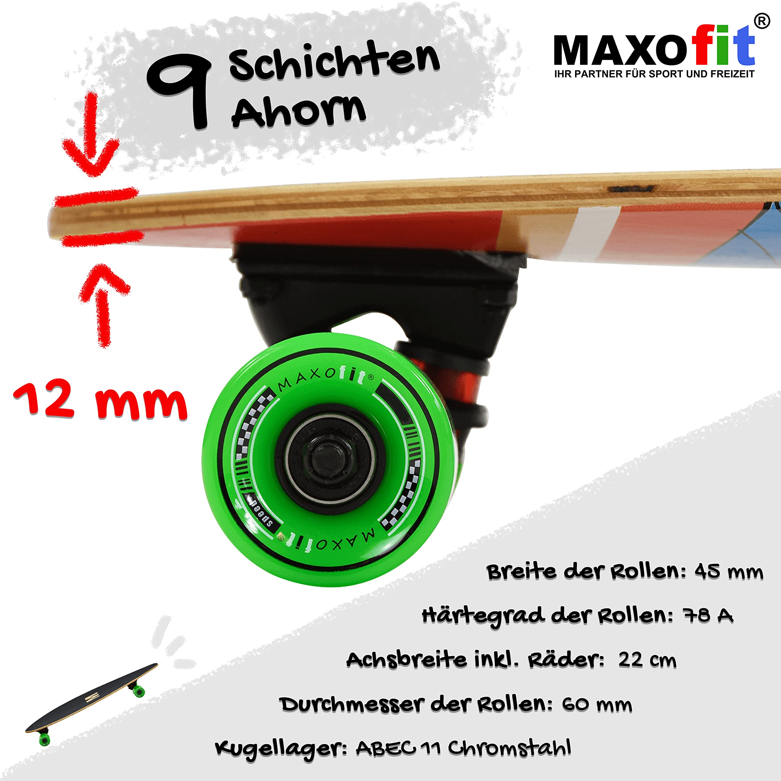 Longboard in diversi design con tavole in acero/bambù di alta qualità per principianti ed esperti