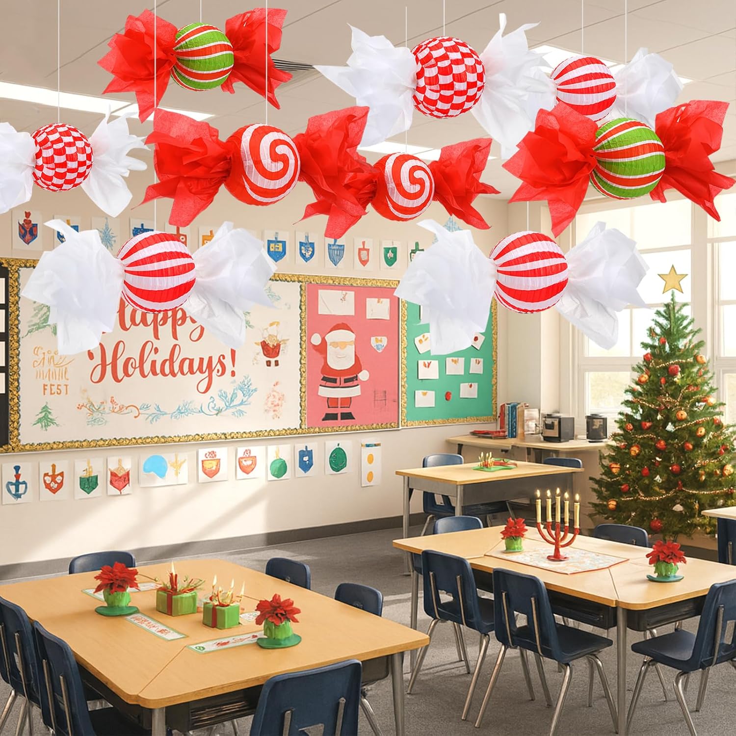 Baquler 12 Pcs 8 Inch Christmas Hanging Paper Lanterns Candy Party Decorations Paper Christmas Decor Candy Canes Peppermint DIY Decorations for Indoor Holiday Xmas Classroom Office Decor