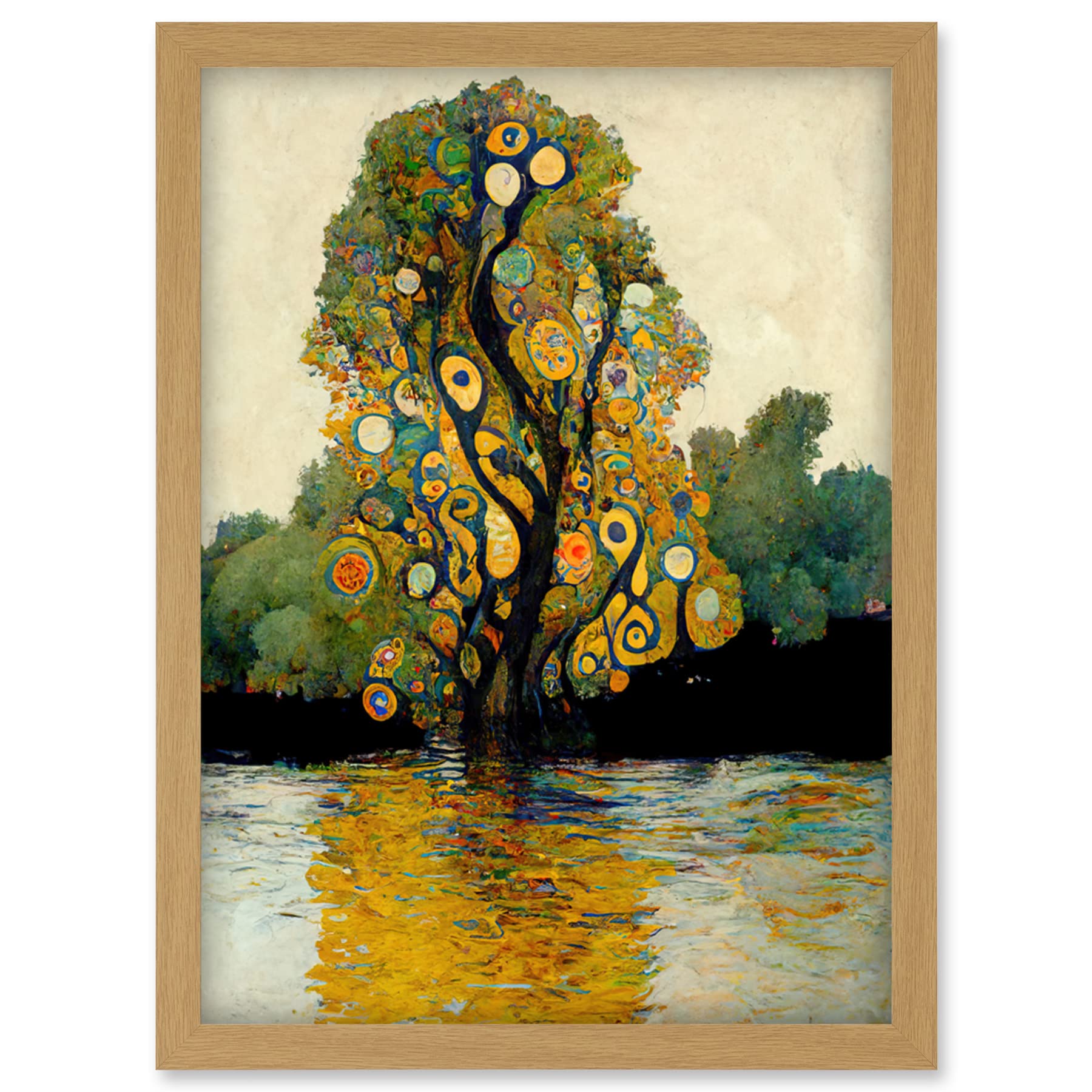 Klimt Style Tree River Bank Scene Artwork Framed Wall Art Print A4 - Artery8