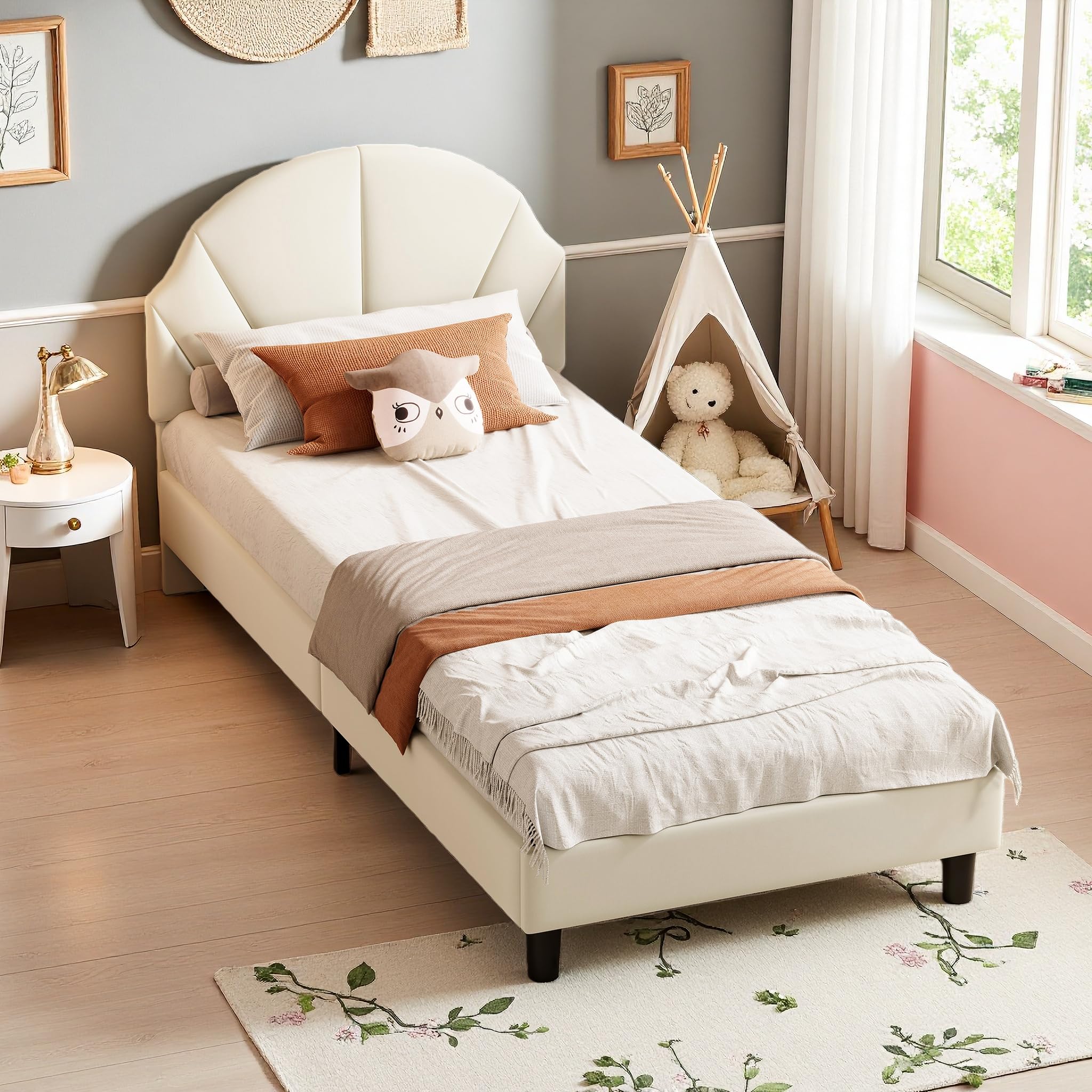 DULRLLY Lit Simple Rembourré 90x200, Lit Enfant Fille avec Tête de Lits Réglable en Hauteur, Cadre de Lits Capitonné pour Enfant Adolescent, Lits d'enfant Simple avec Sommier à Lattes, Velours