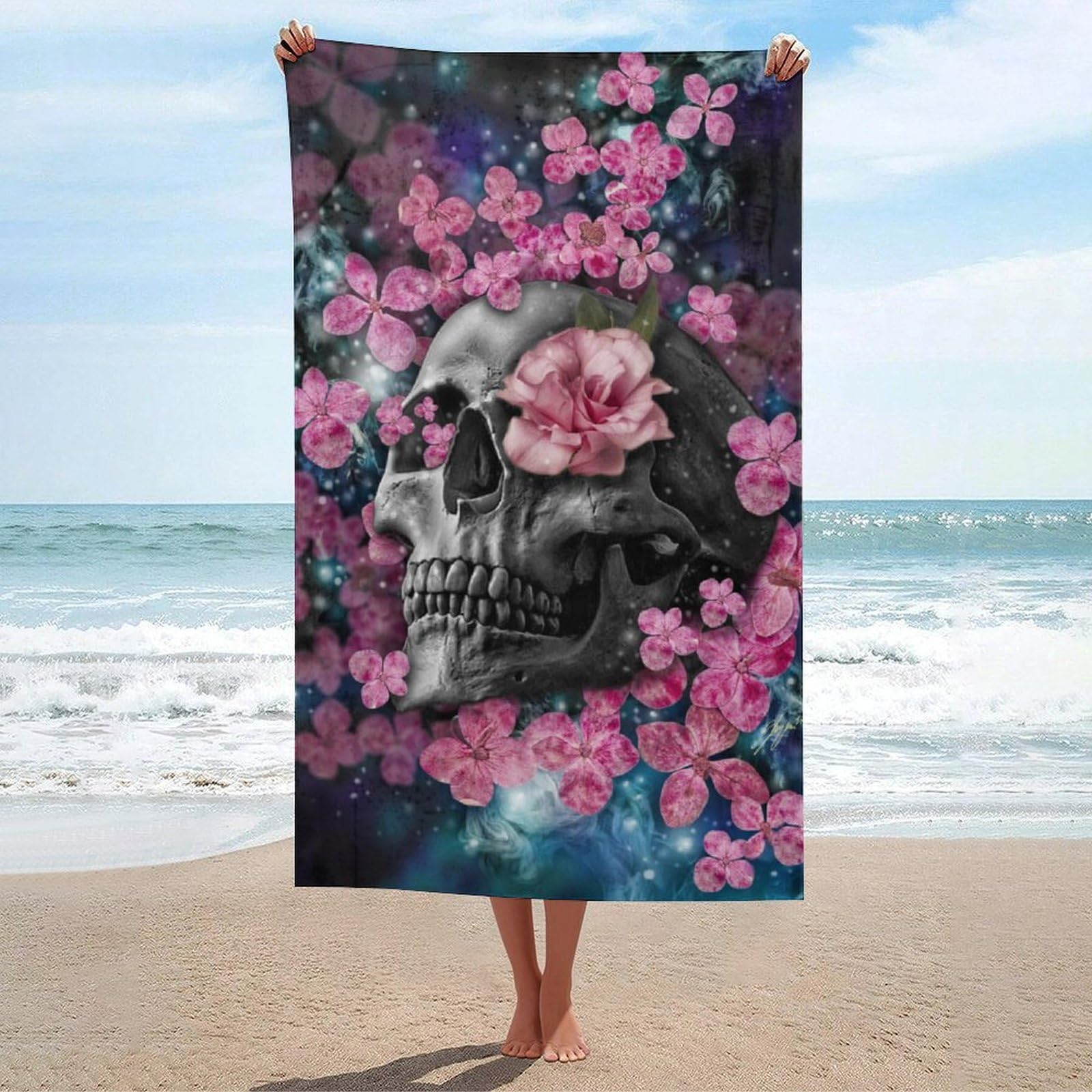 LWORZIIB Beach Towel, Skull Flower Bath Towel, Absorbent Towel for Swimming, Sports, Travel