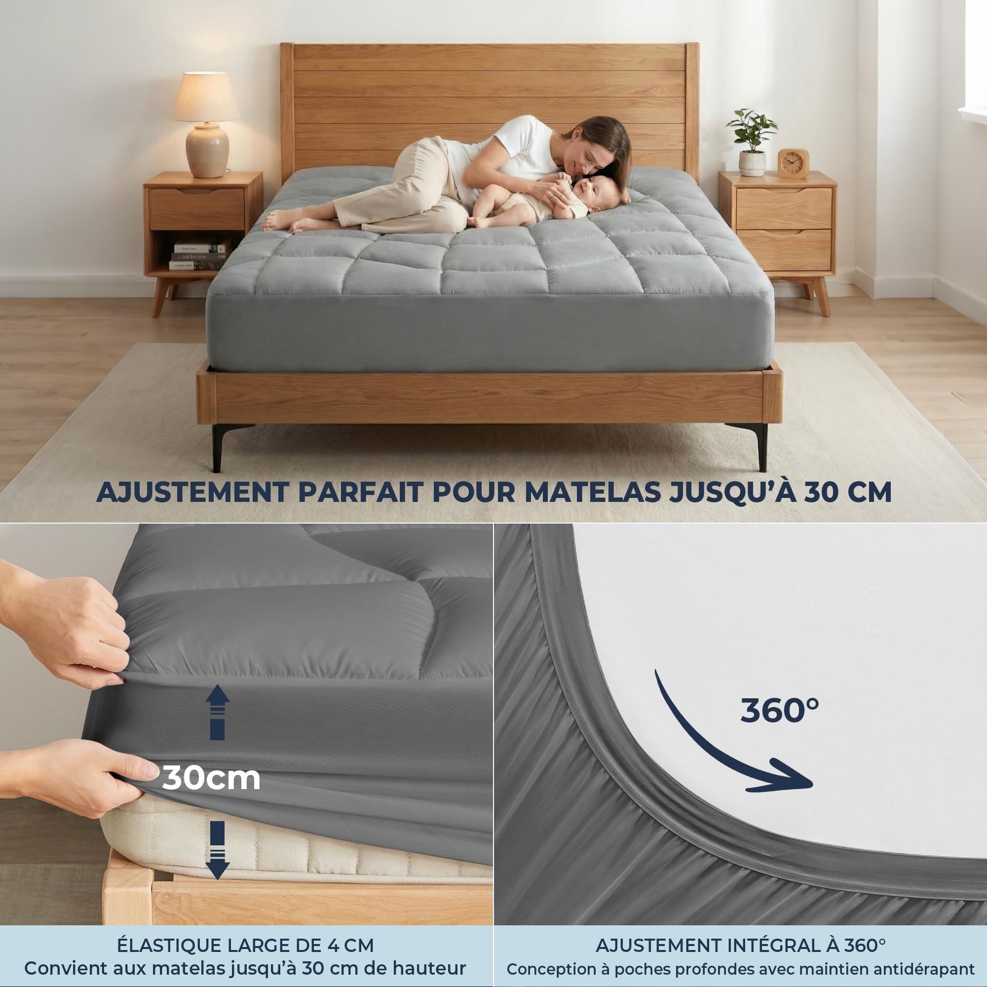 UNIKOME Surmatelas Complet imperméable - Surmatelas Complet matelassé Ergonomique, protège-Matelas 5 Couches Silencieux et Lavable, Poche Profonde de 30 cm (Gris, 180x200cm)