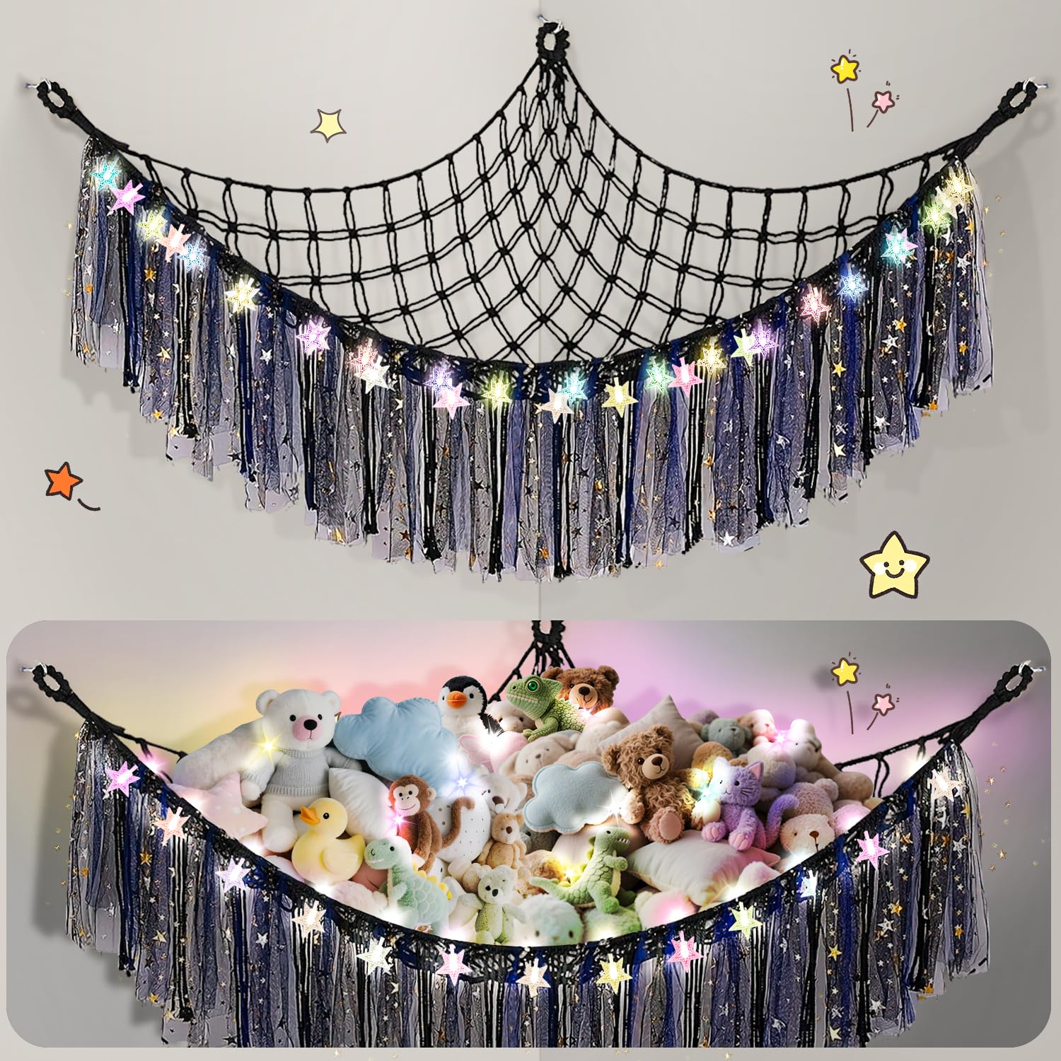 Teddy Hammock with LED Light, Boho Decor Plush Toy Storage Net